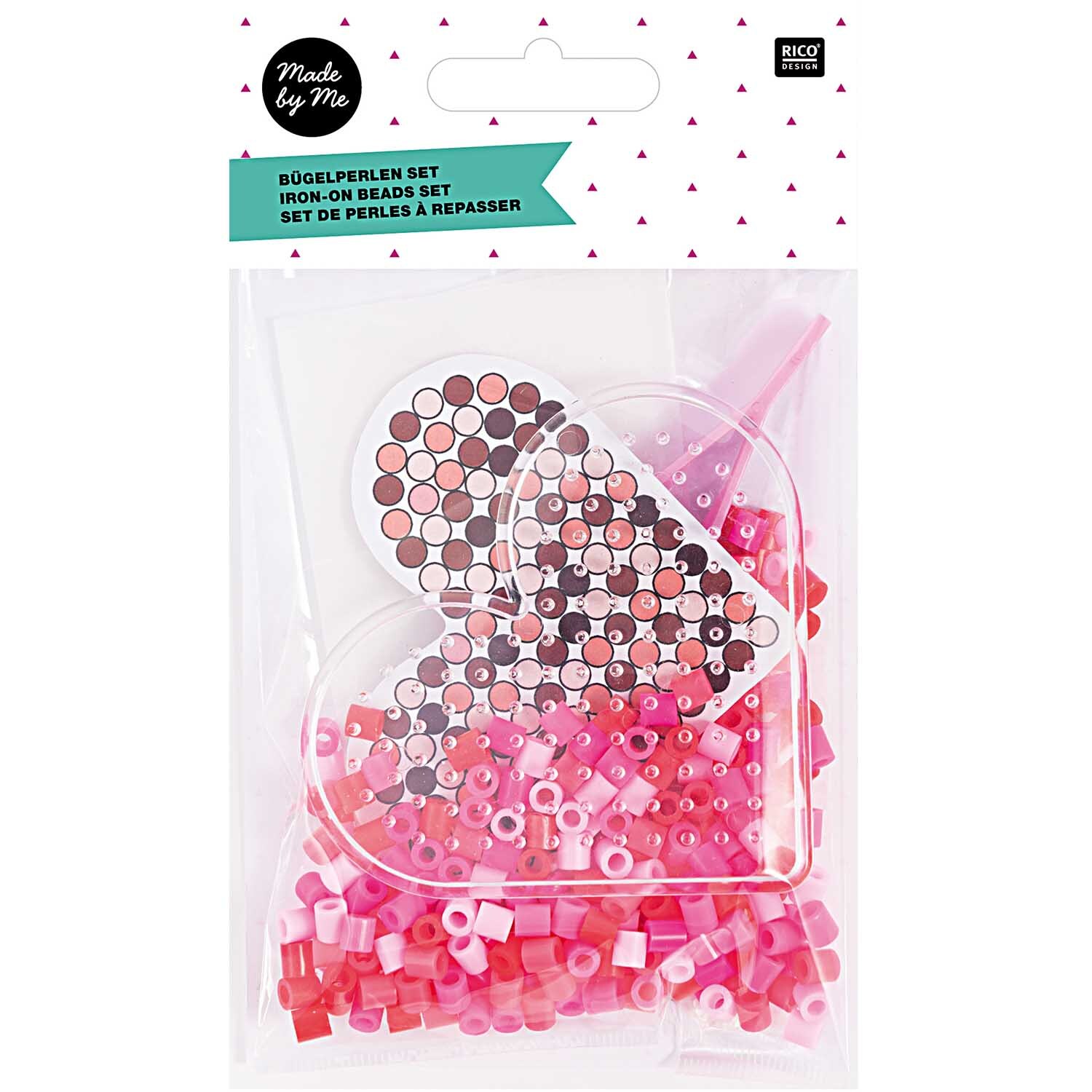 Bügelperlen Set Herz ca. 9x7,5cm von Rico Design zeigt ein Herz aus bunten Bügelperlen in einer transparenten Verpackung.