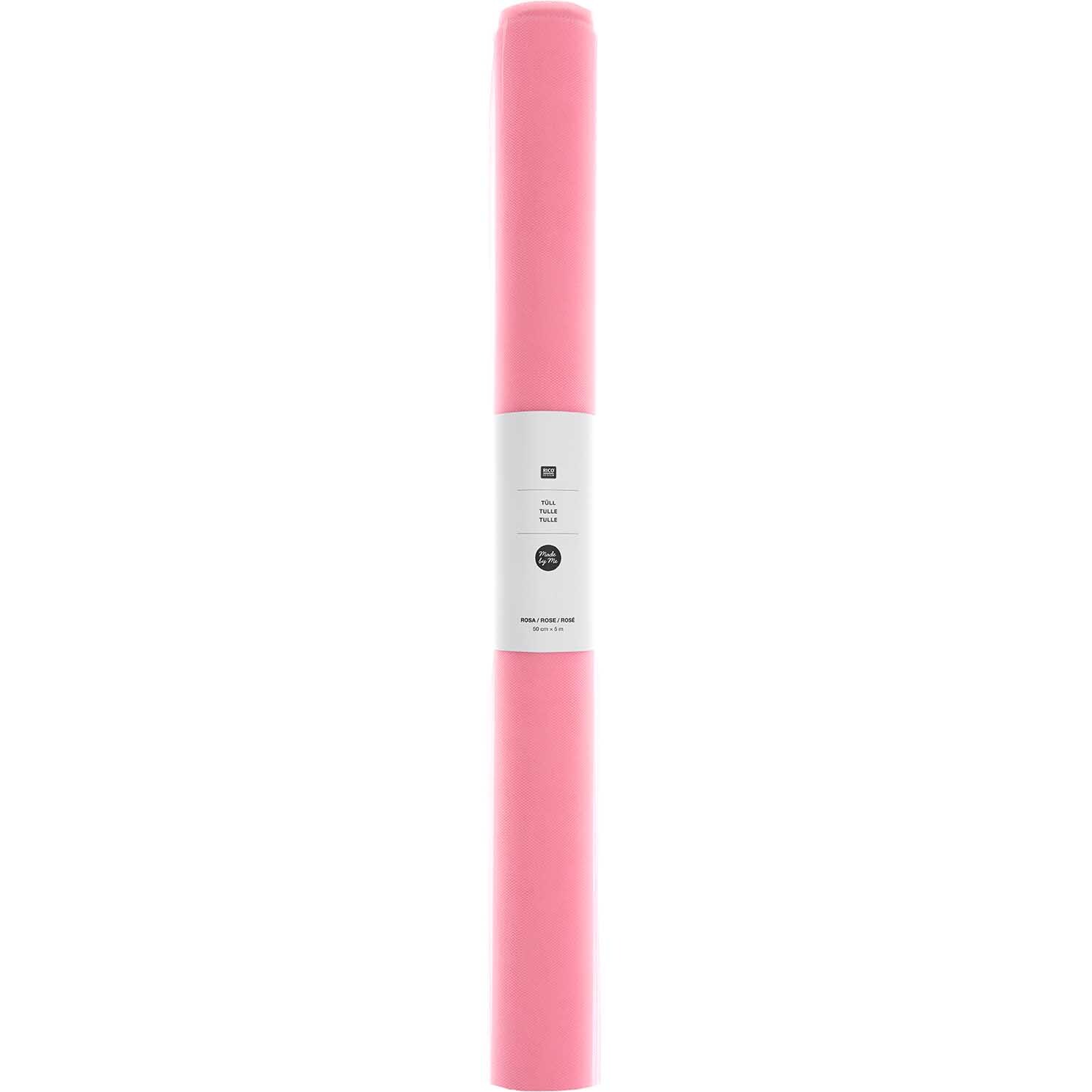Tüll 50cm 5m von Rico Design in Rosa, aufgerollt und stehend, ideal für kreative Projekte.