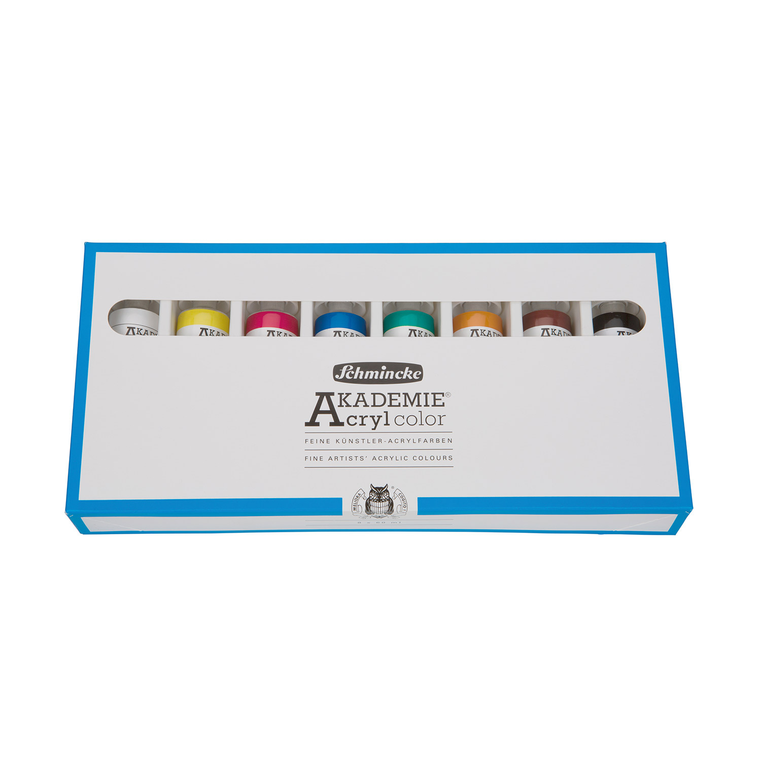 Akademie Acryl Set 8x60ml: Schmincke Acrylfarben in einer Box, ideal für Künstler, mehrfarbig.