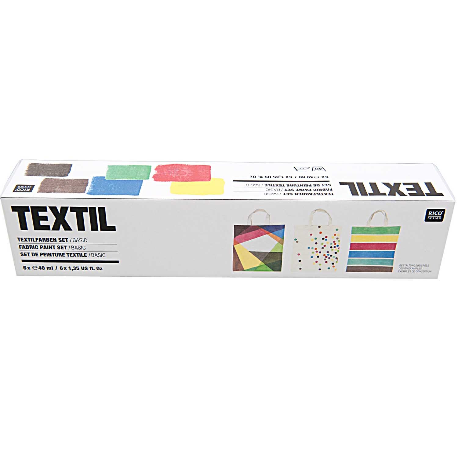 Textilfarben basic 6x40ml von Rico Design: Set mit sechs bunten Farben in einer weißen Verpackung, ideal für kreative Textilprojekte.