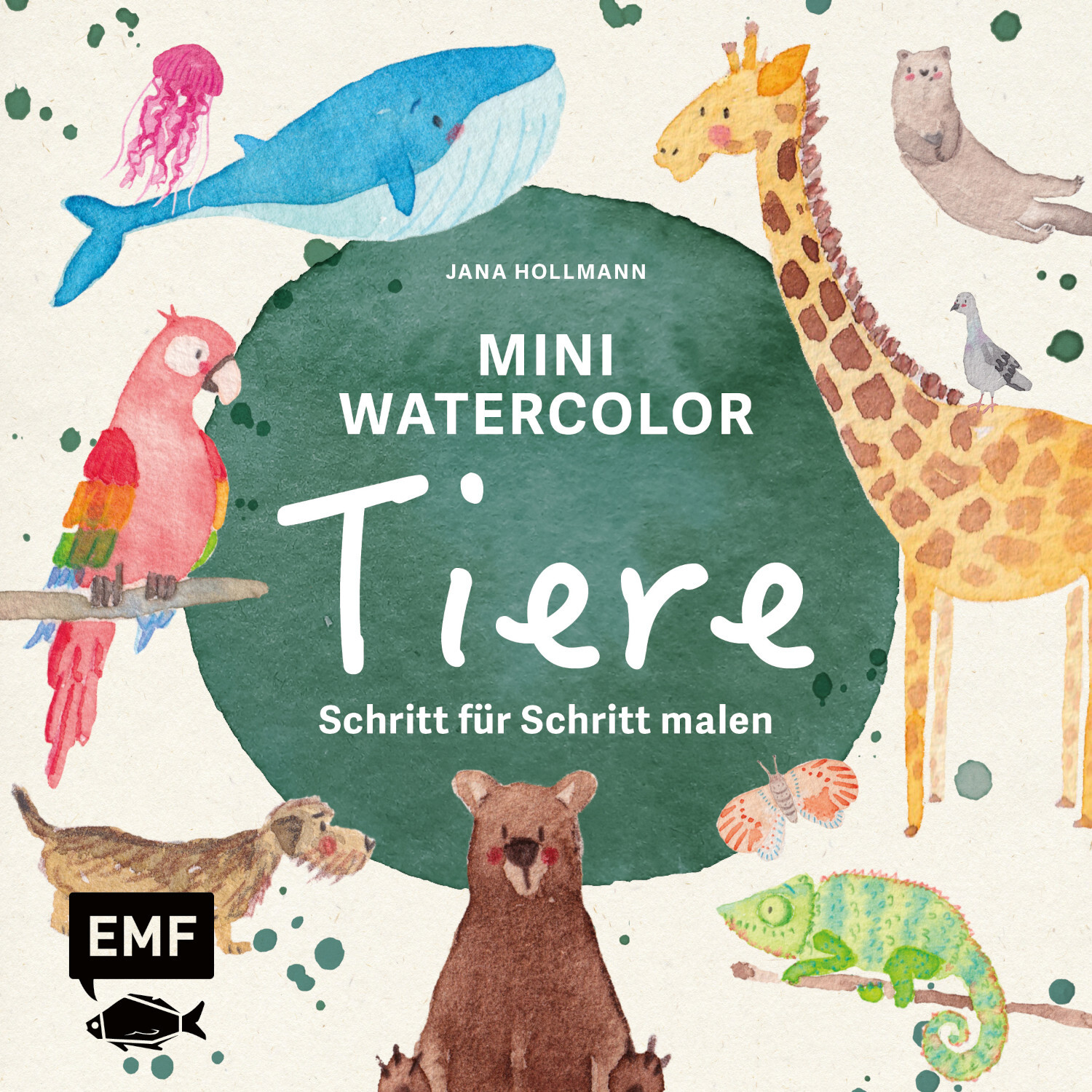 Mini Watercolor - Tiere: Ein Buchcover mit bunten Aquarell-Tieren wie Giraffe, Wal und Papagei. Marke EMF.