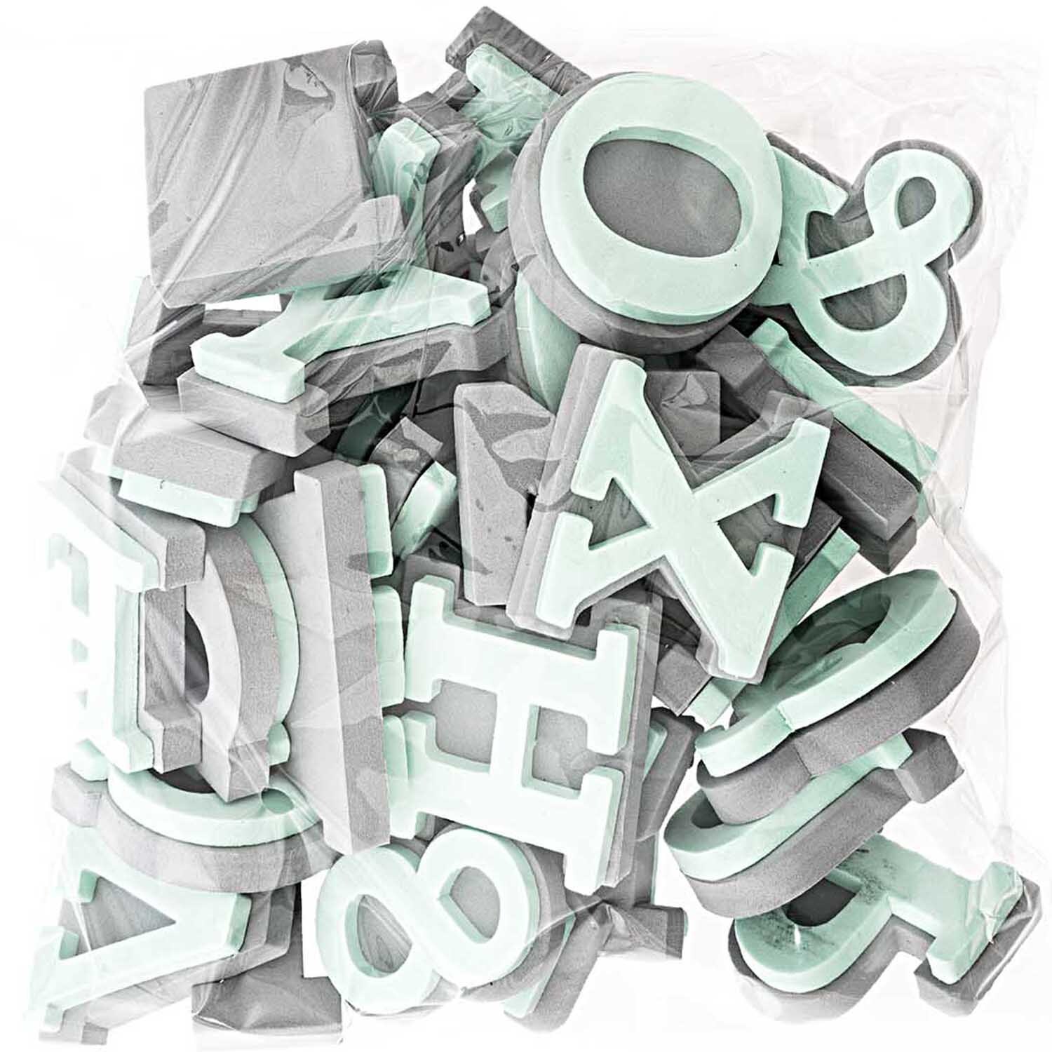 Moosgummistempel Set Alphabet 1: 37-teiliges Set mit grauen und mintfarbenen Buchstaben von Rico Design. Ideal für kreative Projekte.