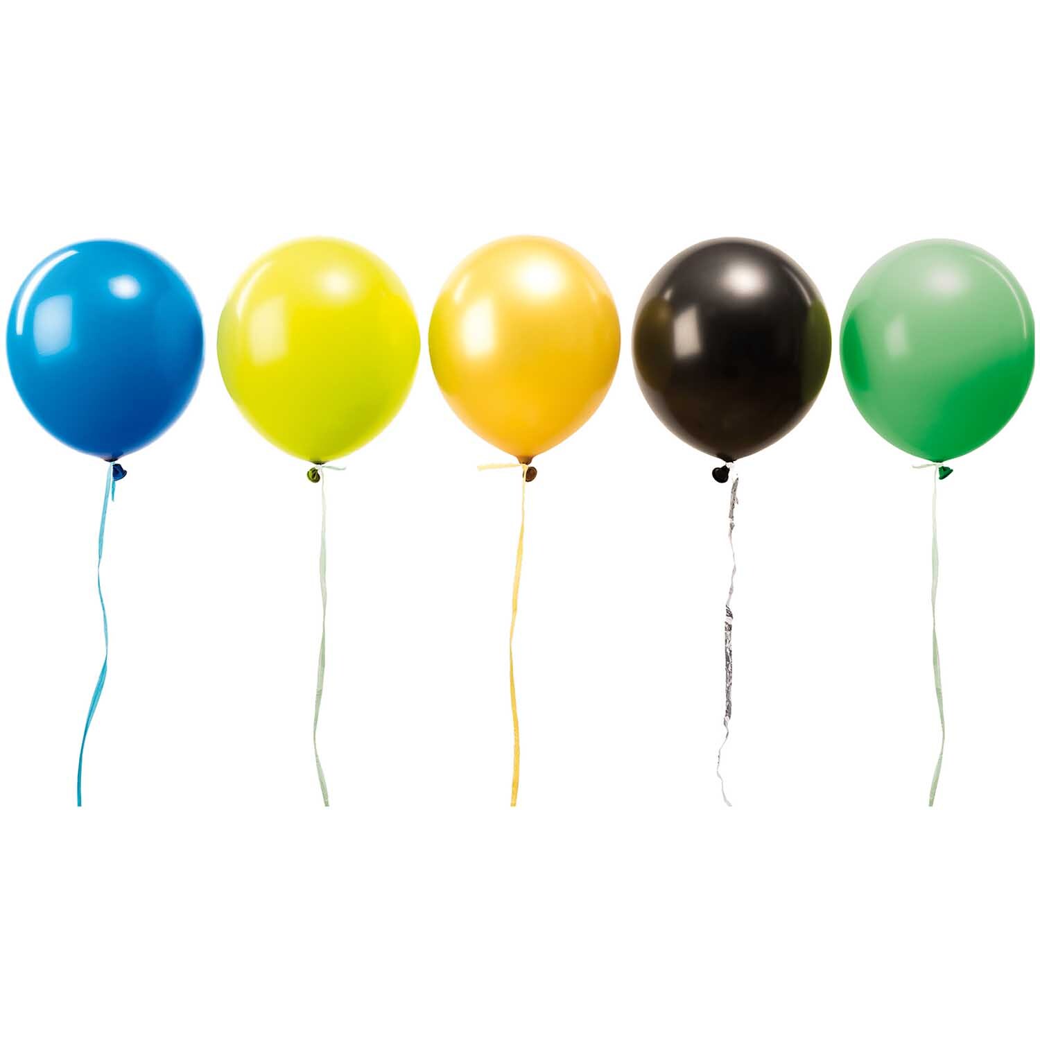 Luftballon Mix Pirat von Rico Design: Fünf bunte Ballons in Blau, Gelb, Orange, Schwarz und Grün.