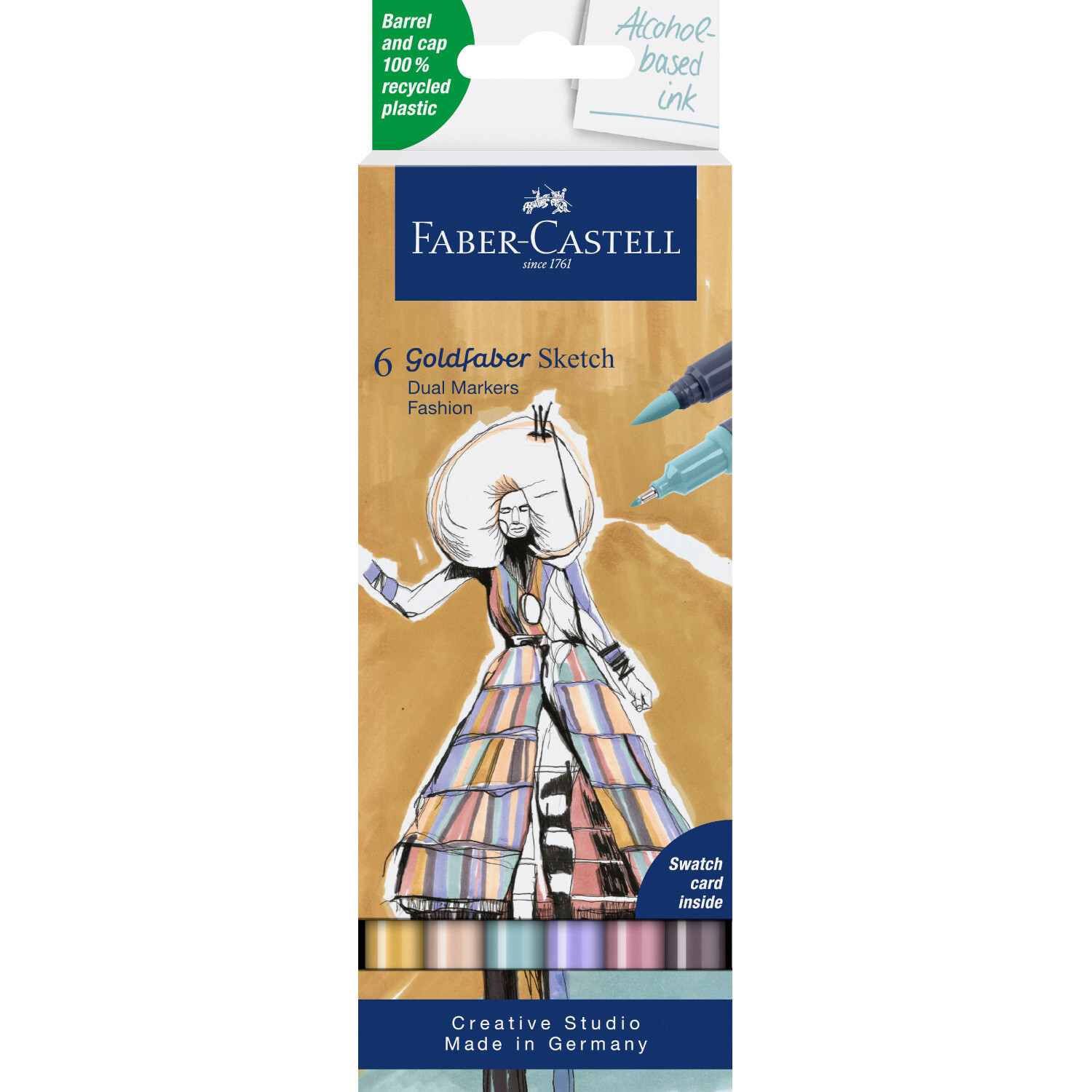 Goldfaber Sketch Marker Fashion Set 6 Stück von Faber Castell zeigt bunte Marker und eine stilvolle Illustration.