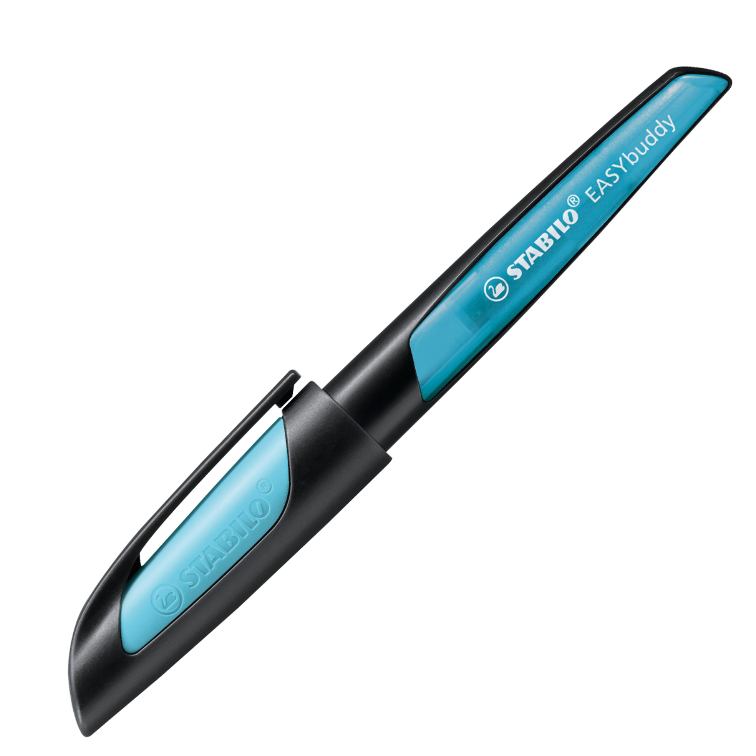 Easybuddy Patronenfüller für Linkshänder in Schwarz und Hellblau von STABILO, ideal für komfortables Schreiben.