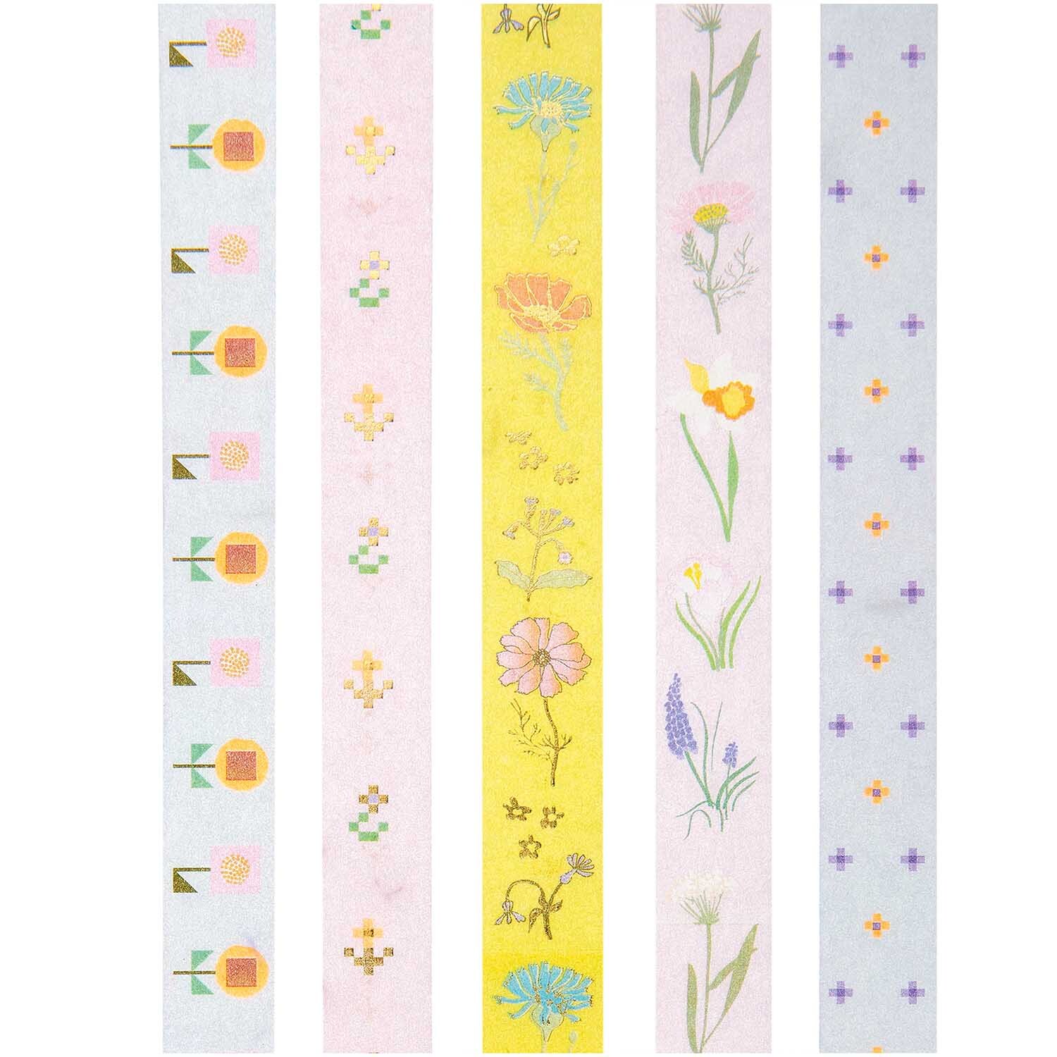 Paper Poetry Tape Set Futschikato Blumen zeigt fünf bunte Washi-Tapes mit floralen Mustern. Ideal für kreative Projekte.