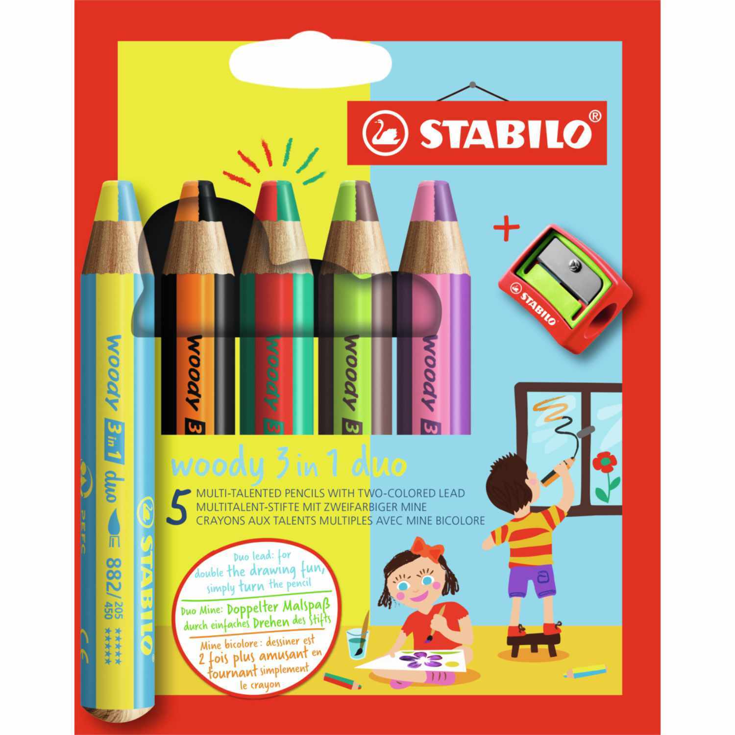 Woody Duo mit Spitzer im Etui 5 Stück: Buntstifte von STABILO mit zweifarbiger Mine und Spitzer in bunter Verpackung.