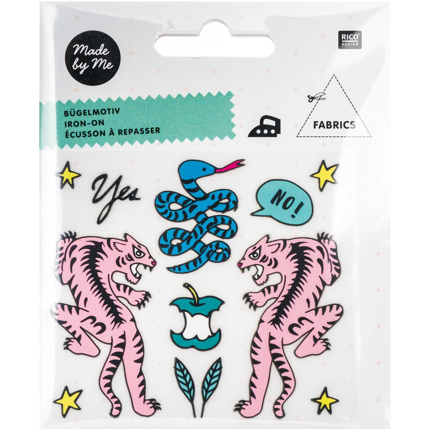 Bügelmotivset Tiger-Schlange: Ein 12-teiliges Set mit bunten Motiven von Rico Design, darunter Tiger, Schlange und Sterne.