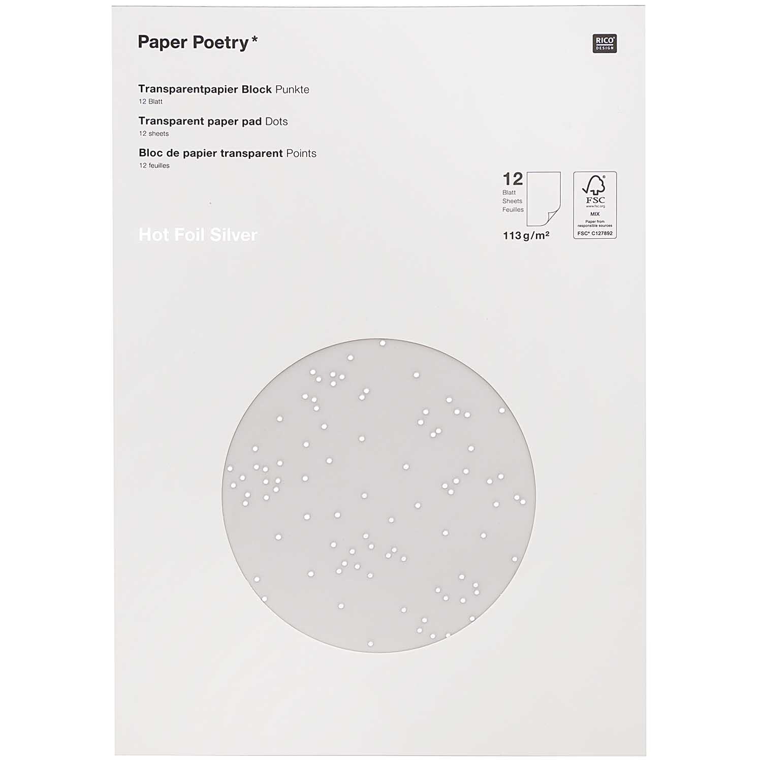 Paper Poetry Transparentpapierblock mit silbernen Punkten, 12 Blatt, von Rico Design. Ideal für kreative Projekte.