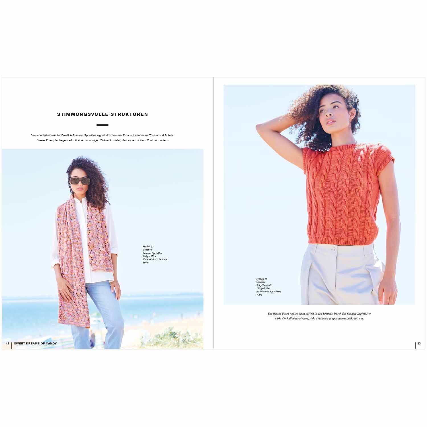 Lovewool Nr.16 Handstrickmagazin Frühjahr-Sommer zeigt sommerliche Strickmode am Strand mit einem orangefarbenen Oberteil von Rico Design.