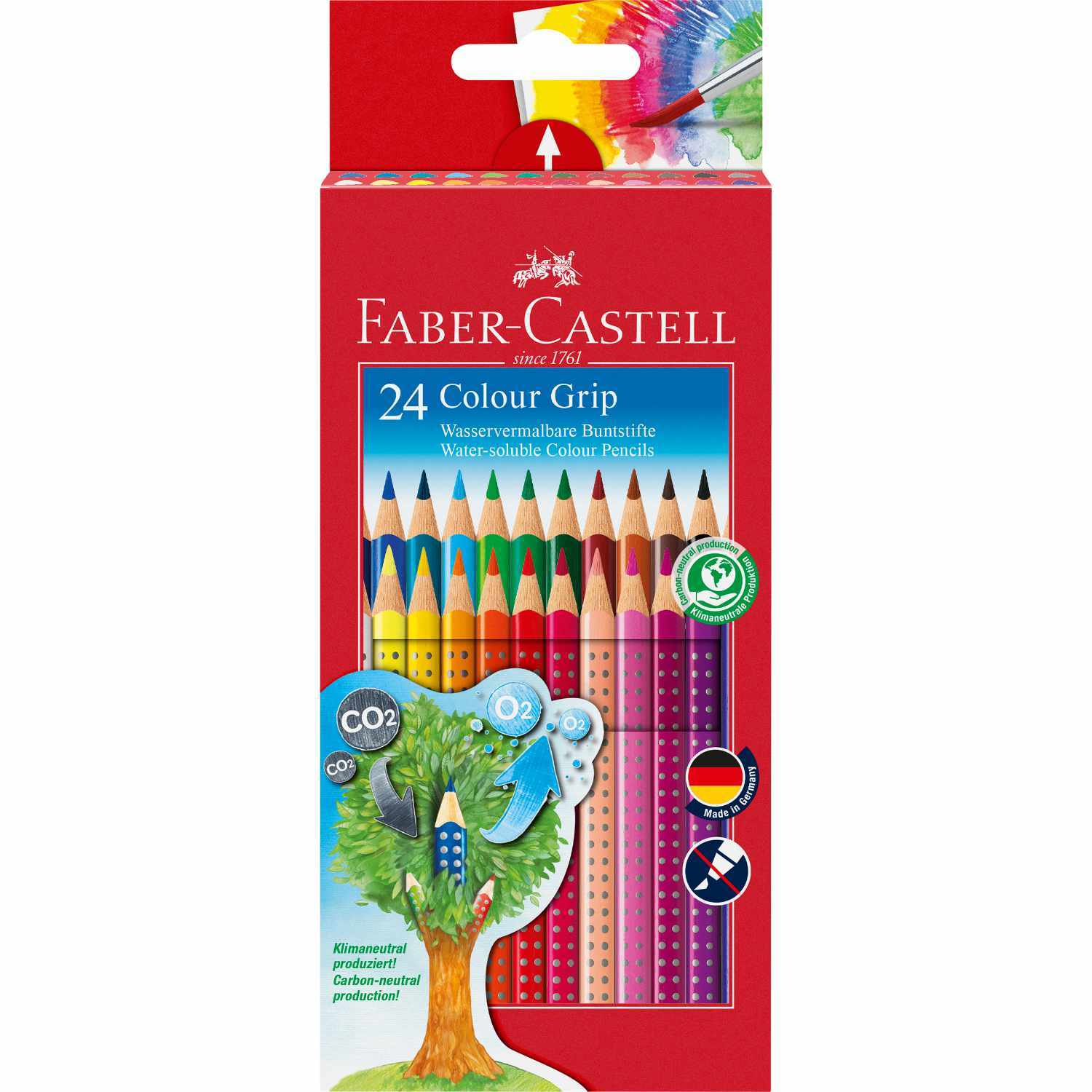 Colour Grip Farbstift Kartonetui, 24-teilig von Faber Castell, zeigt bunte Stifte in einer roten Verpackung.