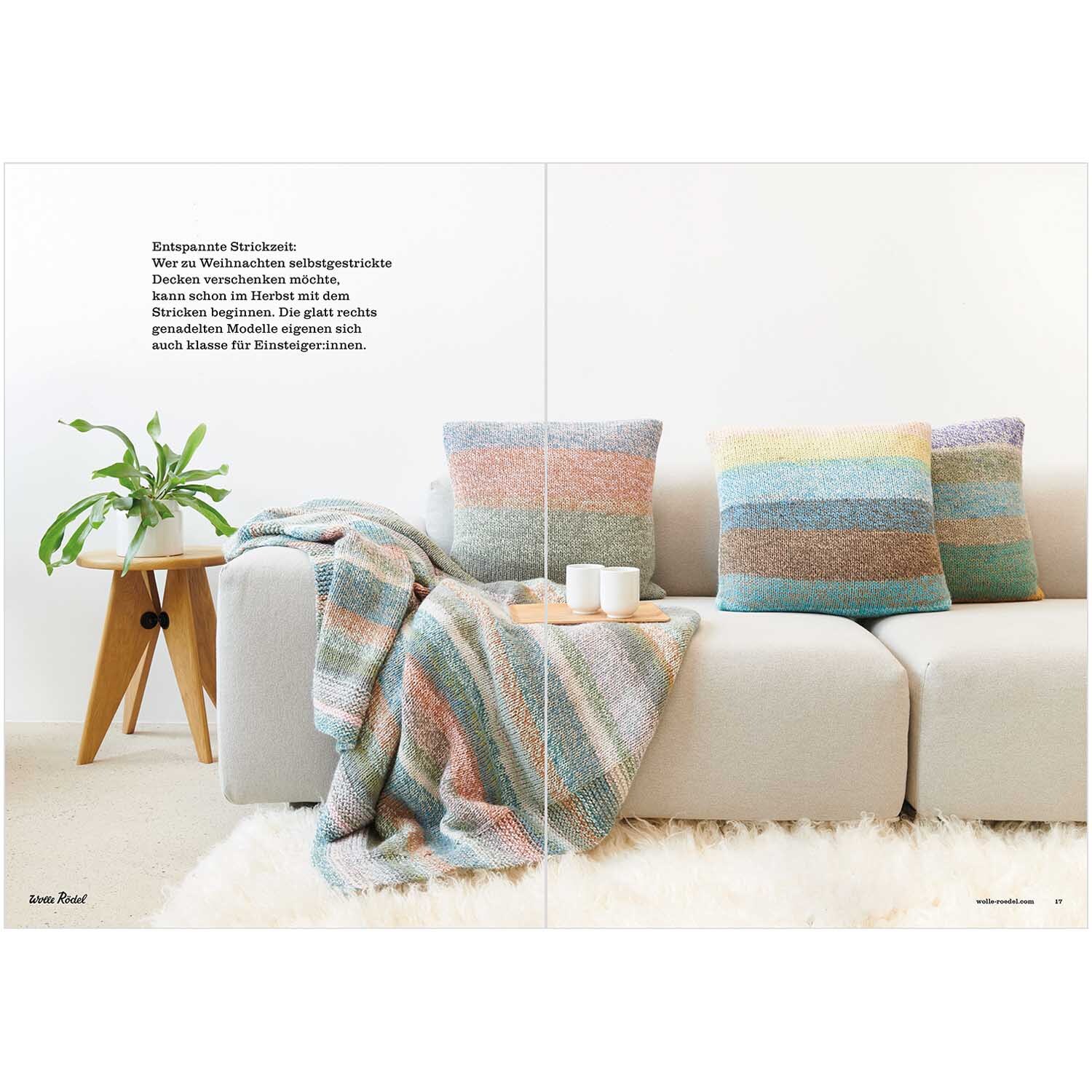 Die Neue Masche Nr. 07 Herbst: Gemütliches Wohnzimmer mit pastellfarbenen Kissen und Decke auf einem Sofa, dekoriert mit einer Pflanze auf einem Holztisch.