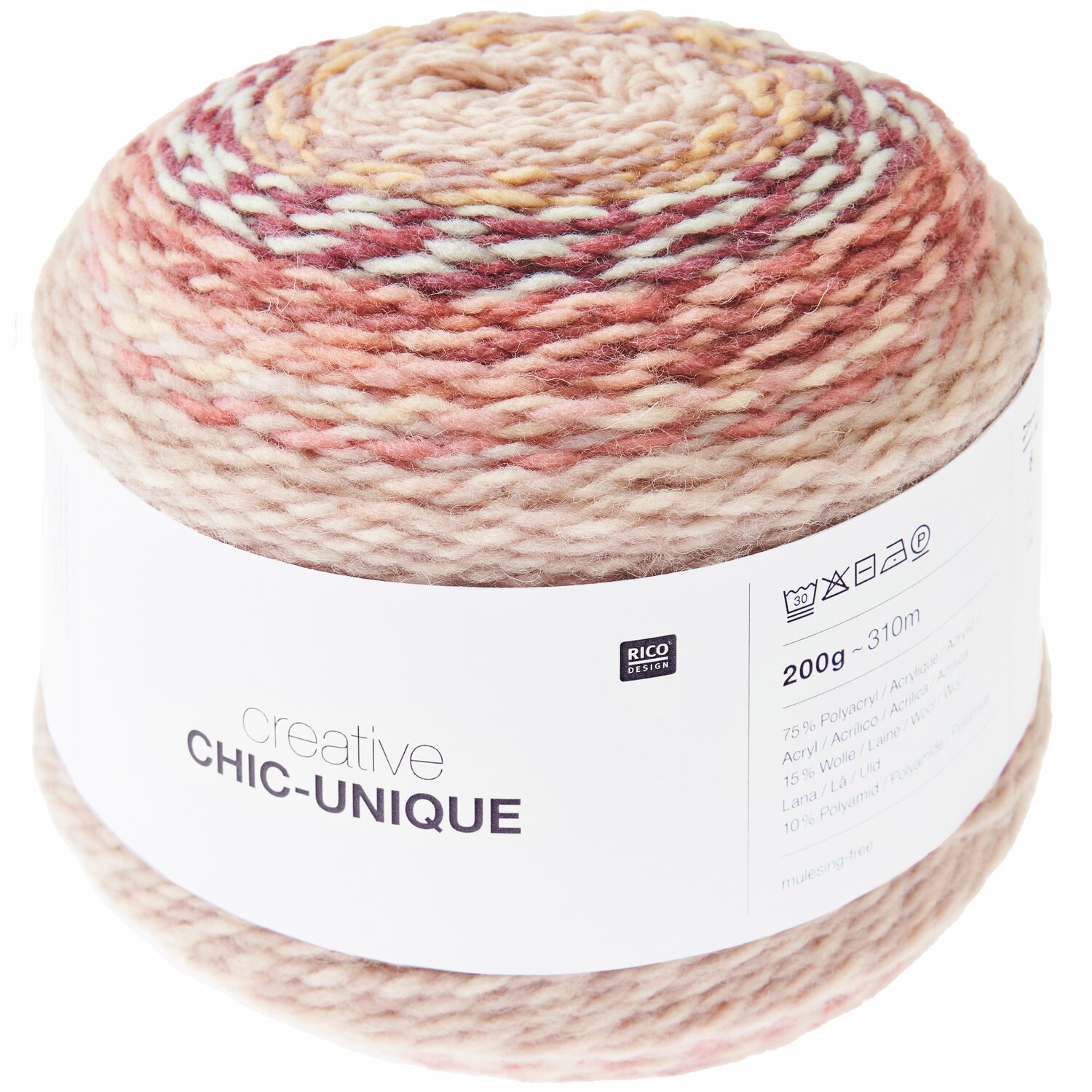 Creative Chic-Unique, Wolle von Rico Design, Farbton Peaches, 200g 310m, in sanften Pastelltönen. Ideal für kreative Strickprojekte.