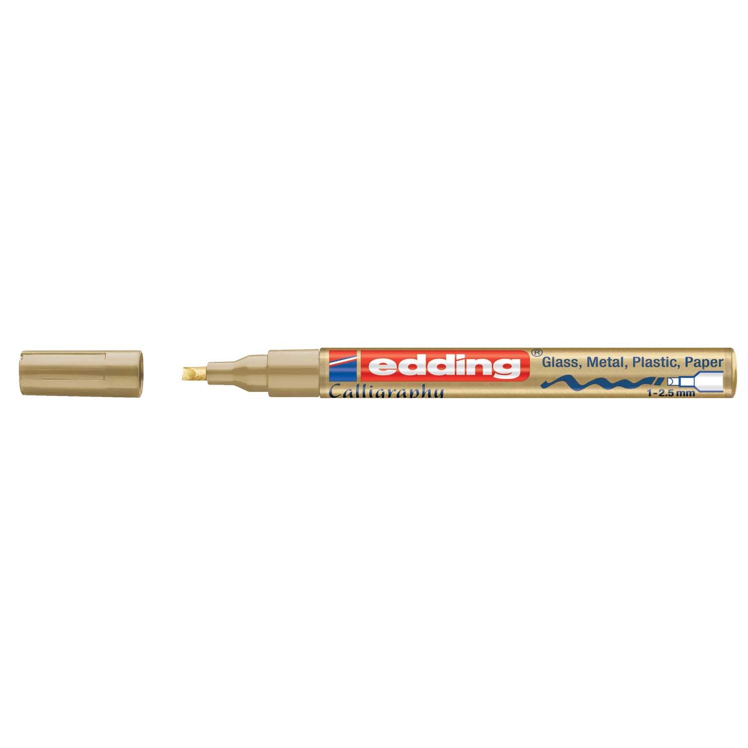 753 calligraphy paintmarker gold 1-2,5mm von edding, ideal für Glas, Metall, Plastik und Papier. Goldene Farbe mit abnehmbarer Kappe.
