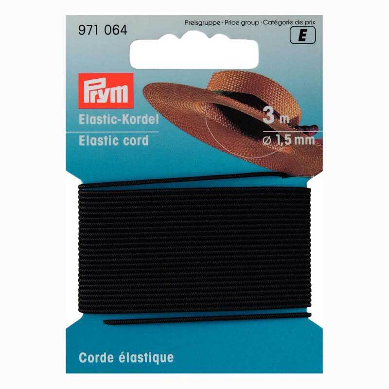 Elastic Kordel Gummi schwarz 1,5mm 3m von Prym, ideal für Nähprojekte, auf blauer Verpackung.