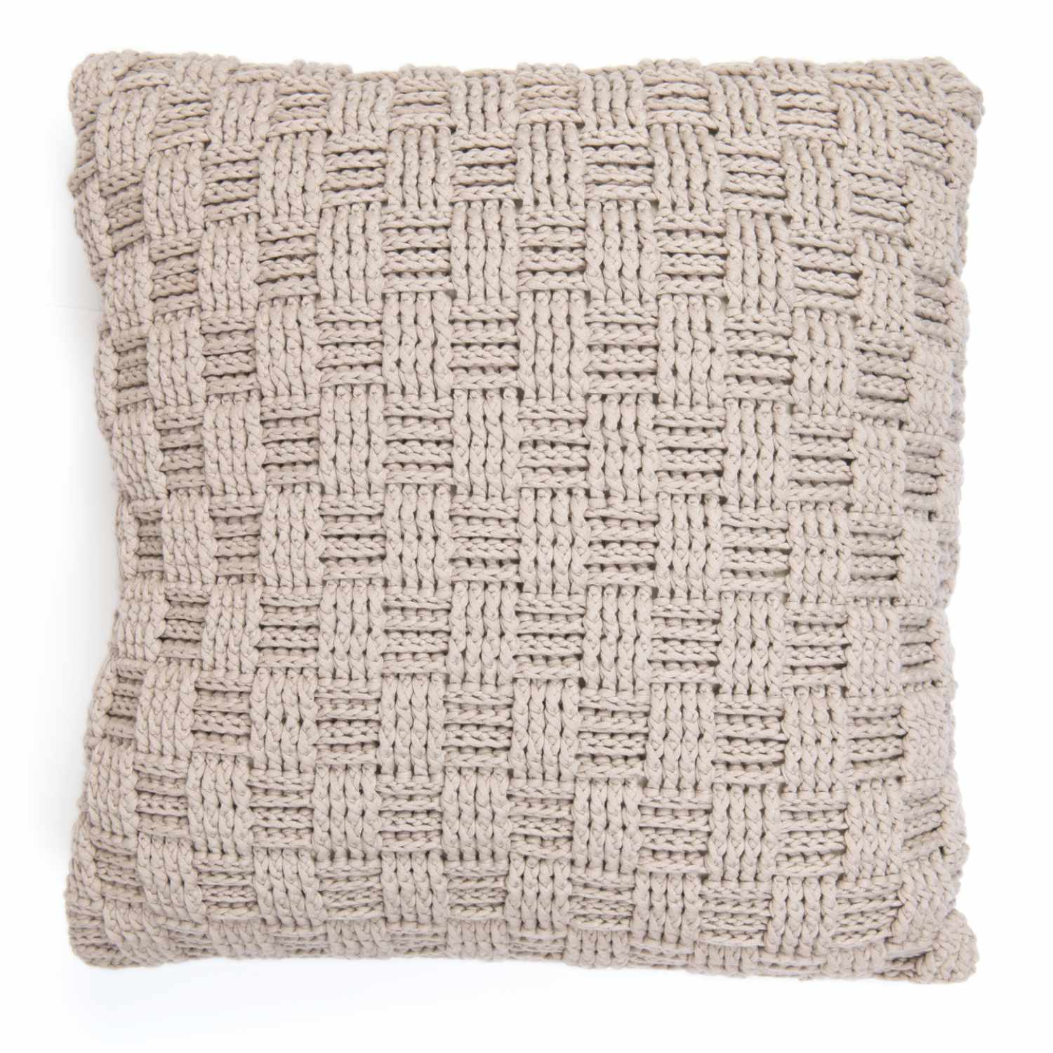 Häkelanleitung Kissen aus Fashion Jersey: Quadratisches Kissen mit geflochtenem Muster in Beige.
