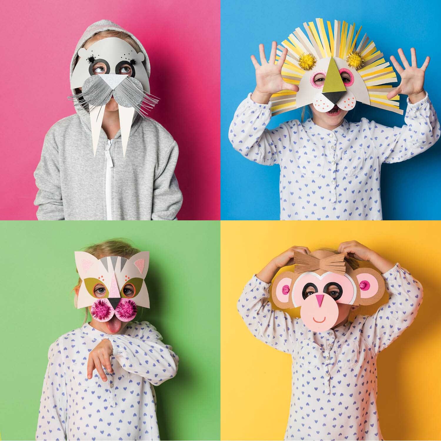 Bastelanleitung tierische Masken: Kinder tragen bunte Tiermasken vor farbigen Hintergründen.