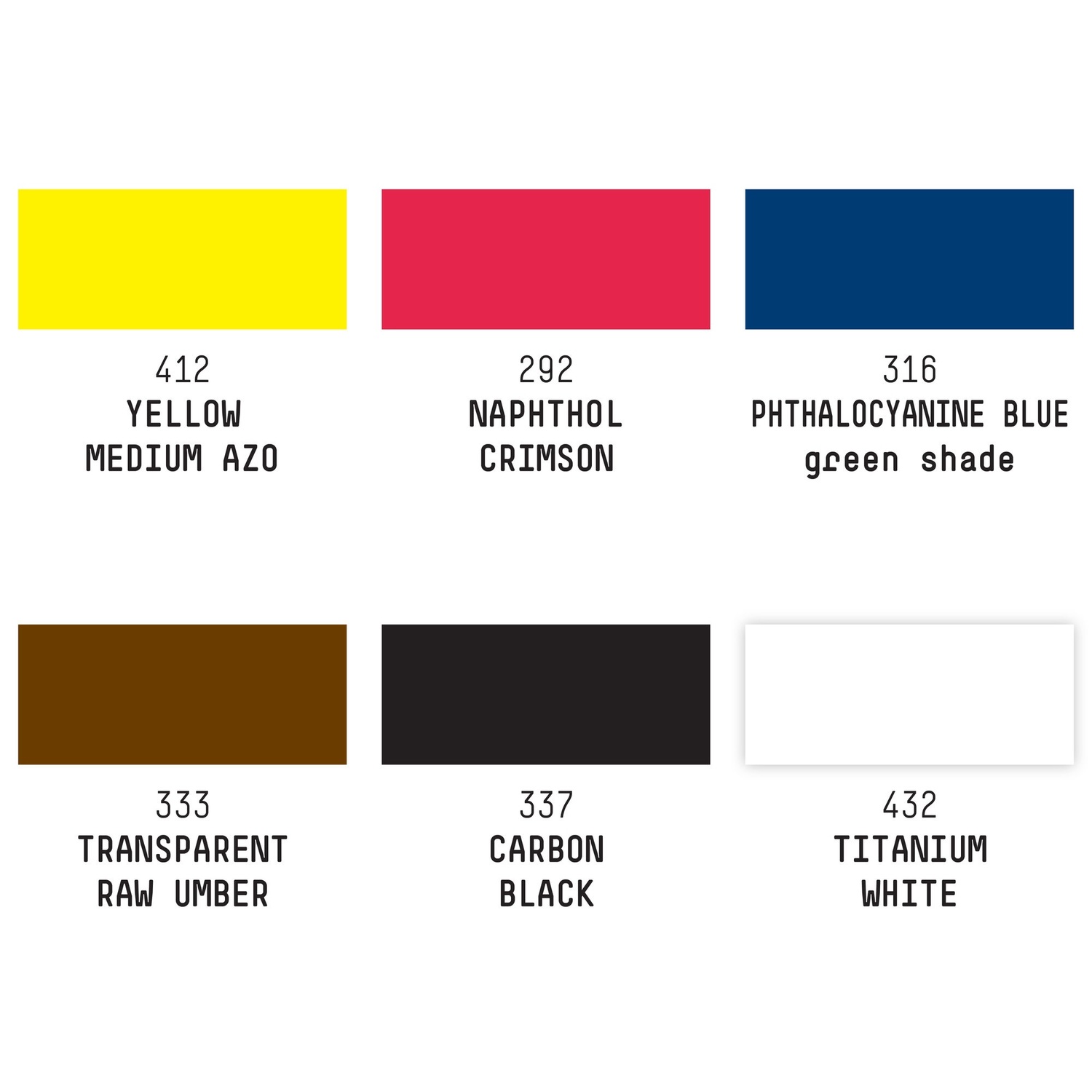 Ink flüssige Acrylfarbe Set Basics 6x30ml zeigt sechs Farbtöne: Gelb, Rot, Blau, Braun, Schwarz und Weiß. Ideal für kreative Projekte.