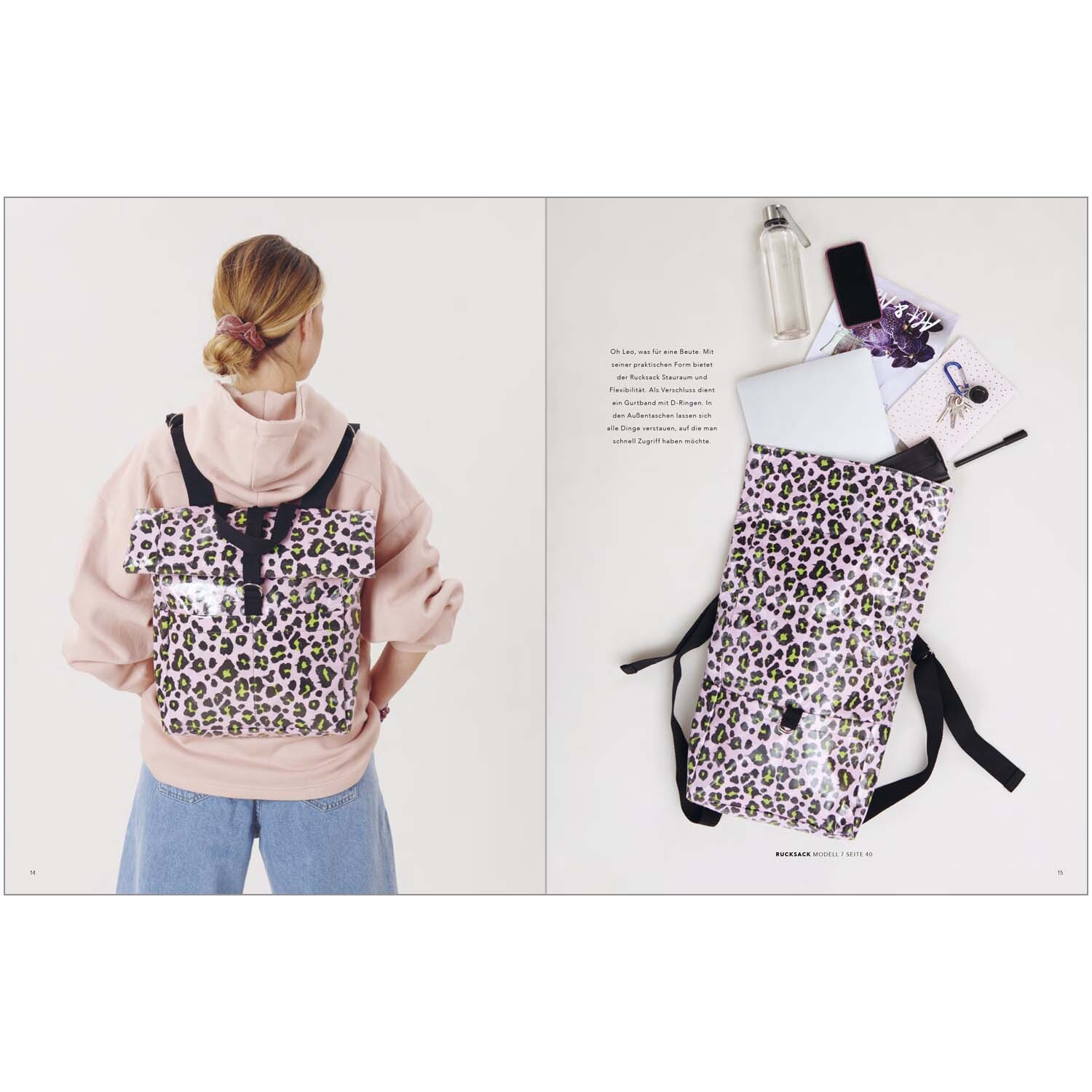 Das kleine Rico Nähbuch Acid Leo zeigt eine Frau mit einem Leopardenmuster-Rucksack von Rico Design.