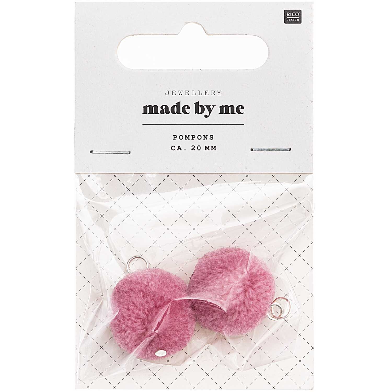Pompons mit Öse 2cm 2 Stück von Rico Design in einer transparenten Verpackung, ideal für DIY-Projekte.