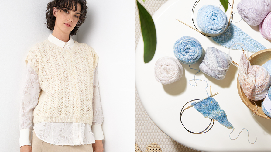 Zwei Bilder nebeneinander. Eine Frau trägt einen gestrickten Pullunder aus creme-farbigem Garn und verschiedenen Garnknäuel mit Strickstücken auf Rundstricknadeln.
