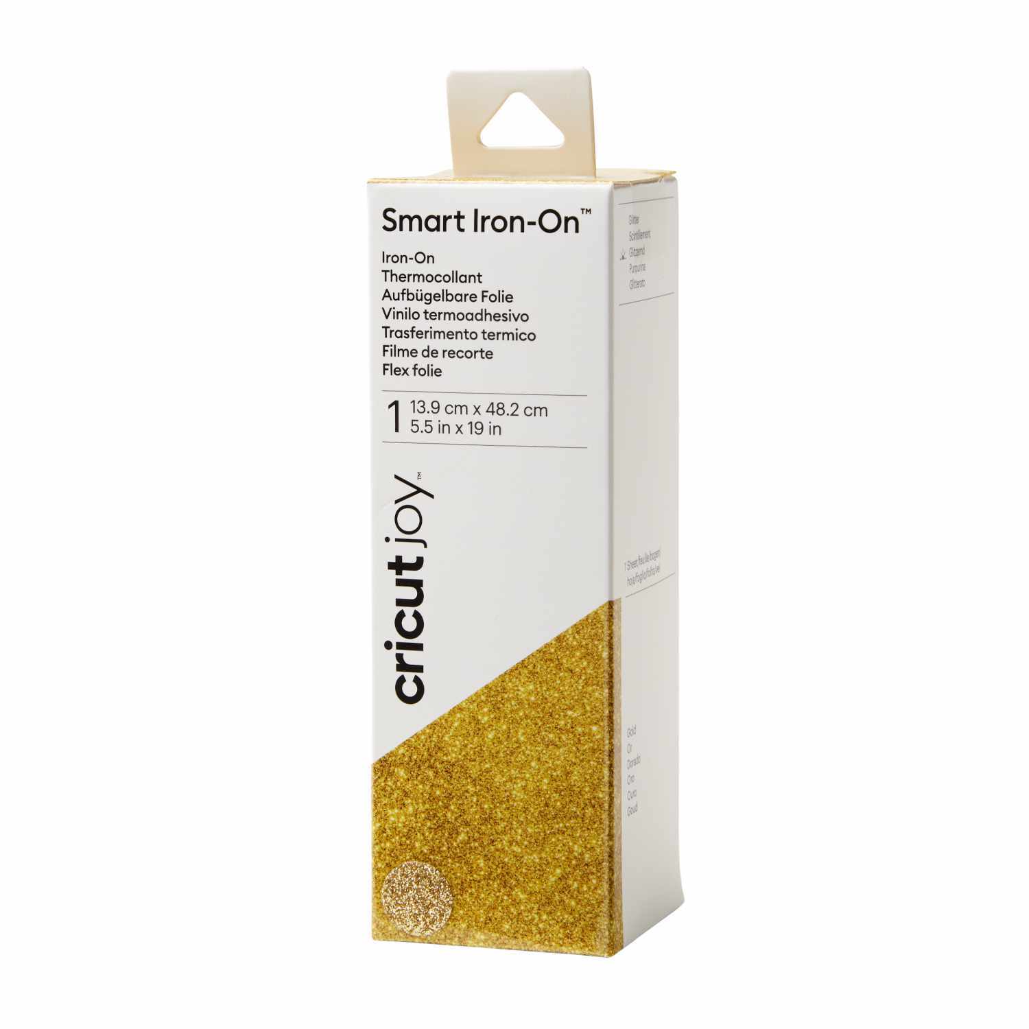 Joy Smart Iron On Glitter Bügelfolie in Gold, verpackt in einer eleganten, schlanken Box. Ideal für kreative Projekte.