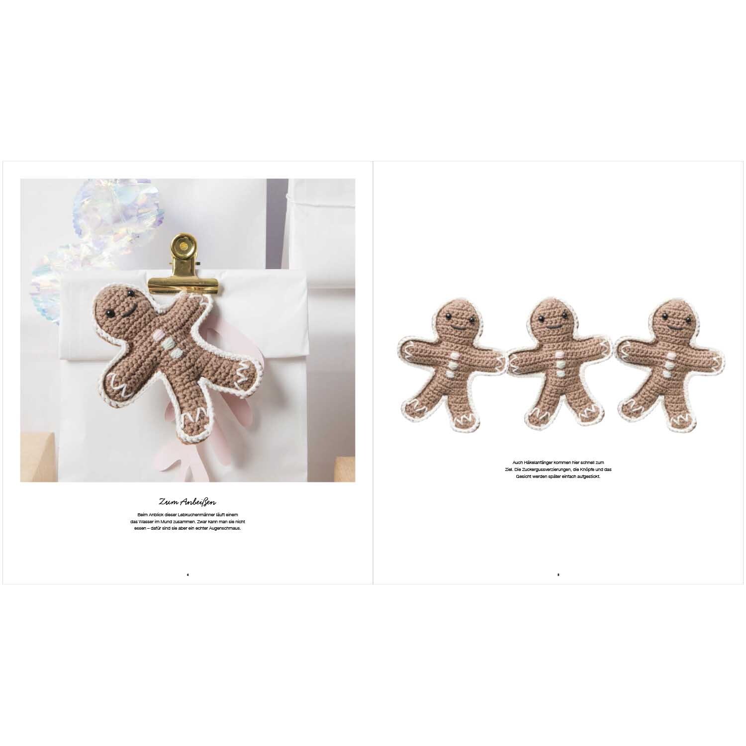 Ricorumi Jolly X-Mas Pastell: Drei gehäkelte Lebkuchenfiguren von Rico Design, ideal für festliche Dekorationen.