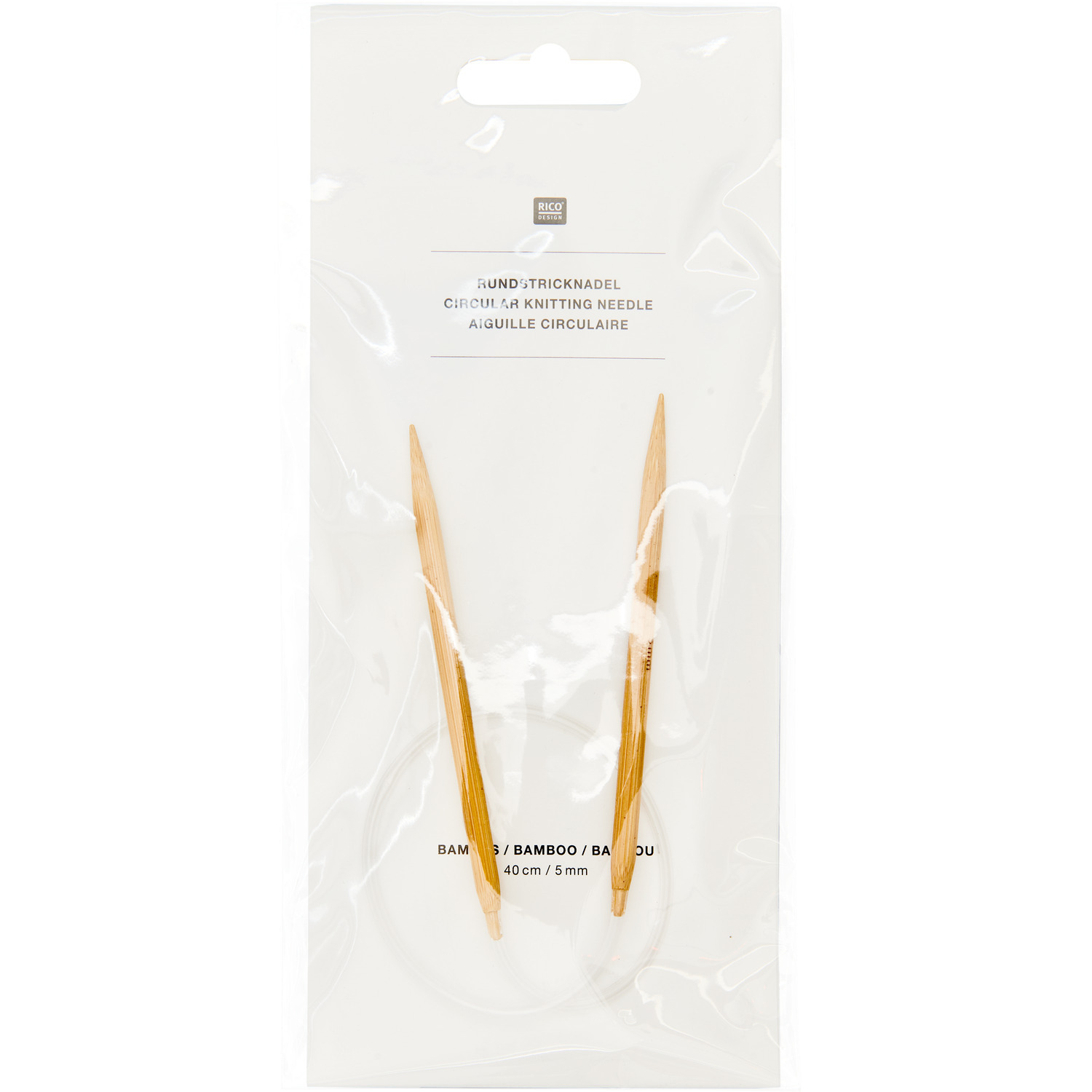 Rundstricknadel 40cm Bambus von Rico Design in Verpackung, ideal für Strickprojekte.