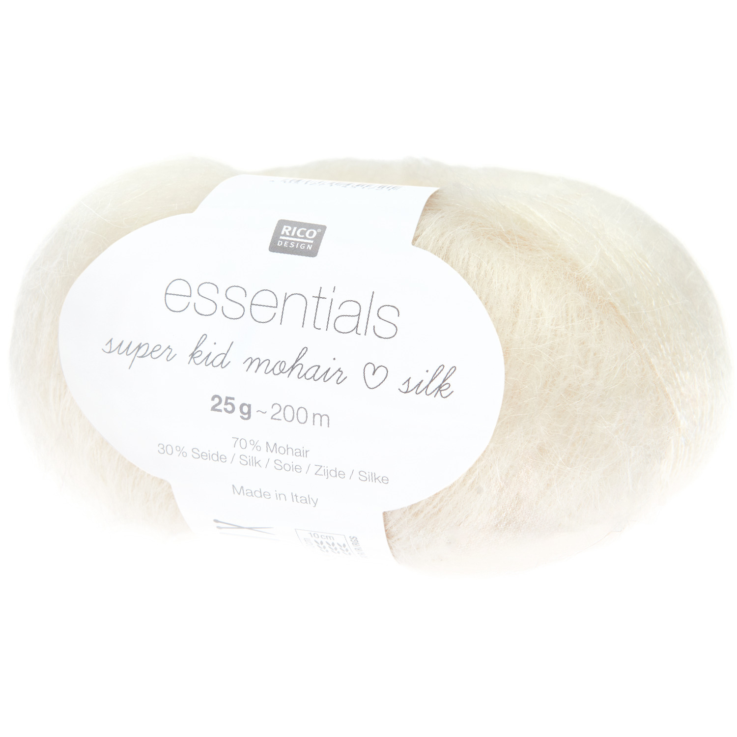 Essentials Super Kid Mohair Loves Silk in Weiß von Rico Design, 25g Knäuel, 200m Länge. Ideal für Strick- und Häkelprojekte.