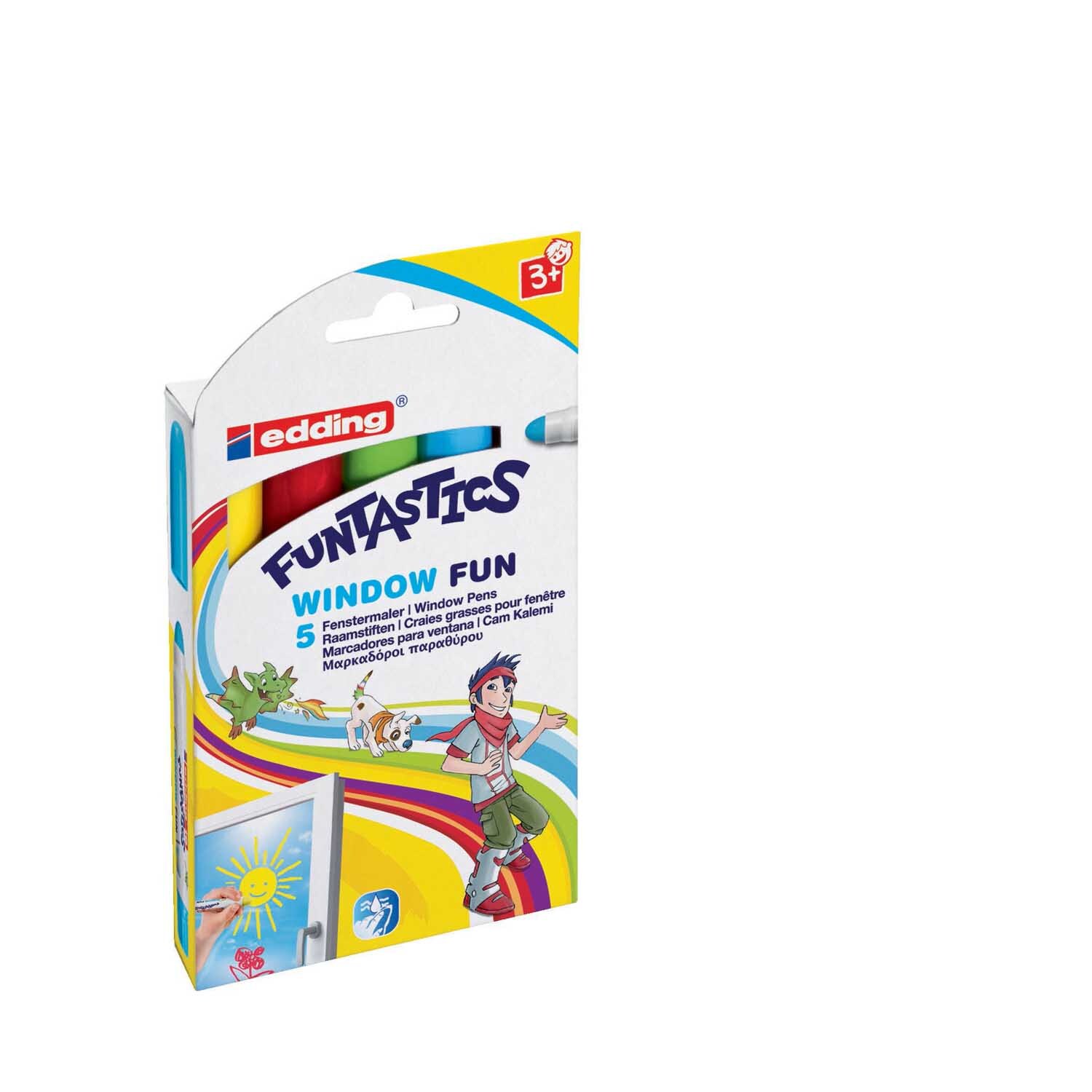 Funtastic Window Fun 5er Set von edding, bunte Verpackung mit fröhlichem Kindermotiv und Regenbogenfarben. Ideal für kreative Fensterdekorationen.