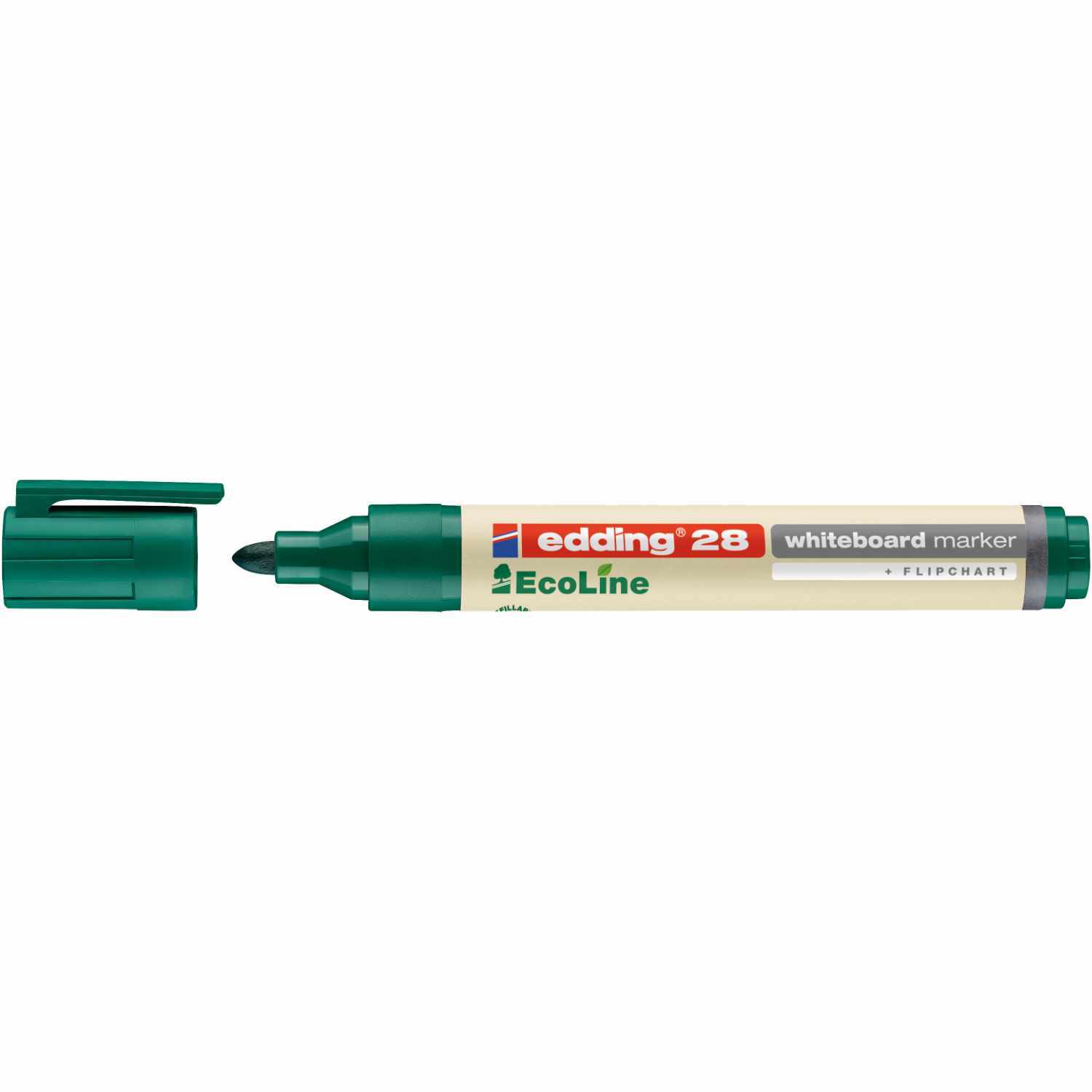 28 EcoLine Whiteboardmarker 1,5-3mm in Grün von edding, mit abnehmbarer Kappe und runder Spitze. Ideal für klare, präzise Linien auf Whiteboards.