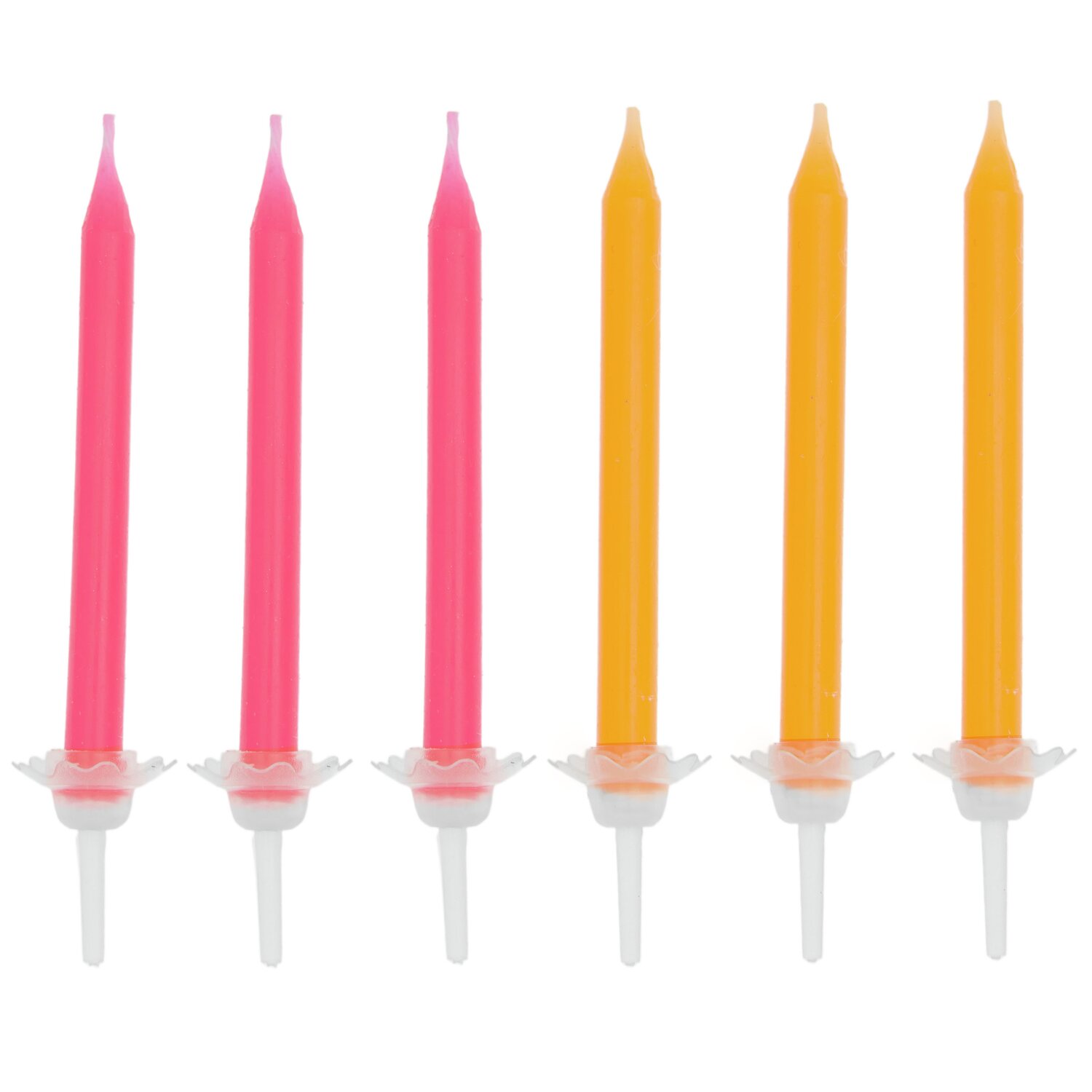 Kerzenset Neon: Sechs bunte Kerzen in Pink und Orange von Rico Design, ideal für Geburtstagsfeiern.