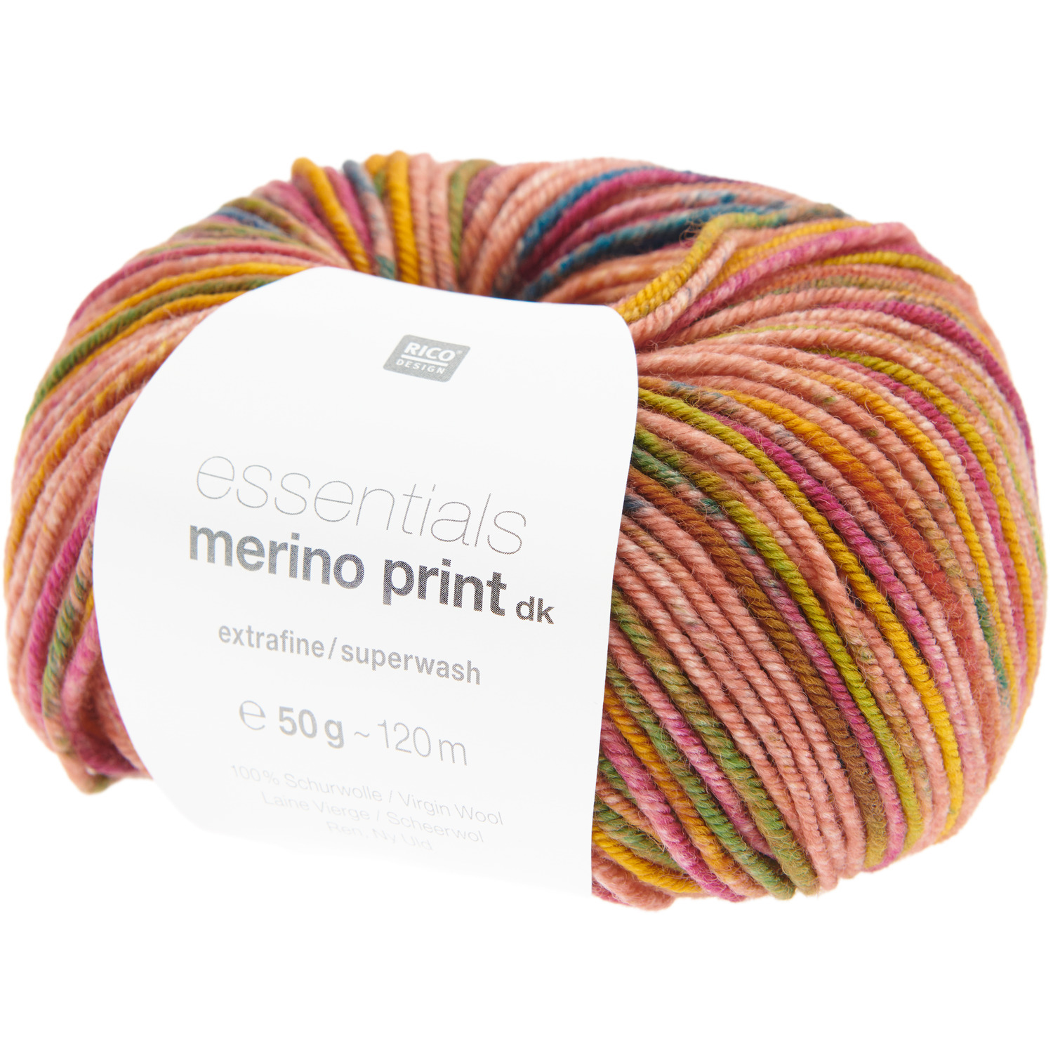 Essentials Merino Print dk, extrafeine Wolle von Rico Design, 50g, multicolor, ideal für Strickprojekte.