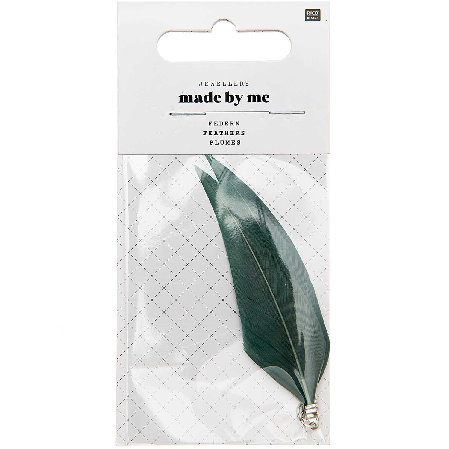 Federn mit Öse 2 Stück von Rico Design in Smokey Mint, ideal für Schmuckherstellung, verpackt in einer transparenten Hülle.