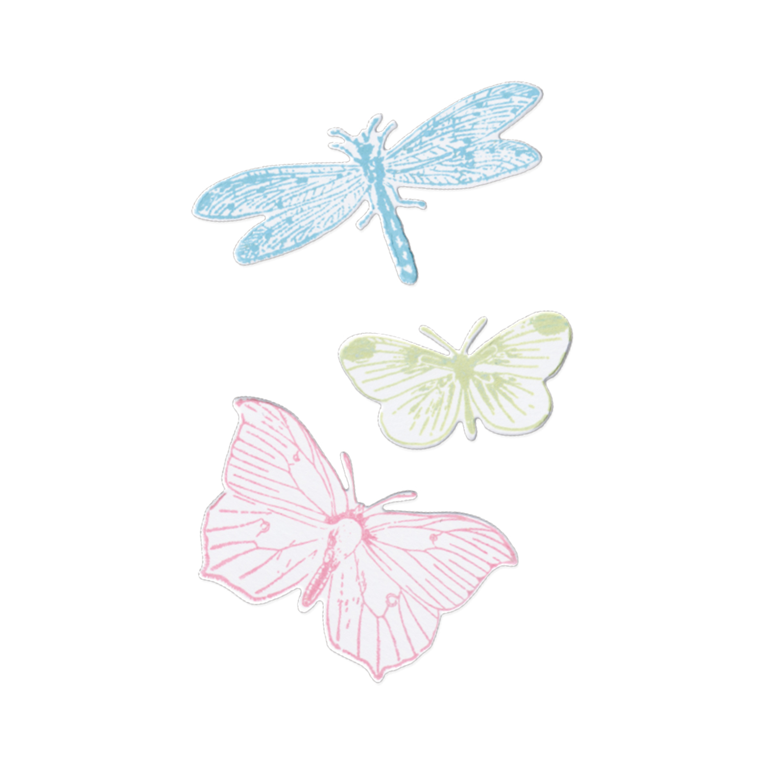 Framelits Die Set Stamps Engraved Wings 3PK zeigt drei filigrane Schmetterlingsformen in Pastellfarben.