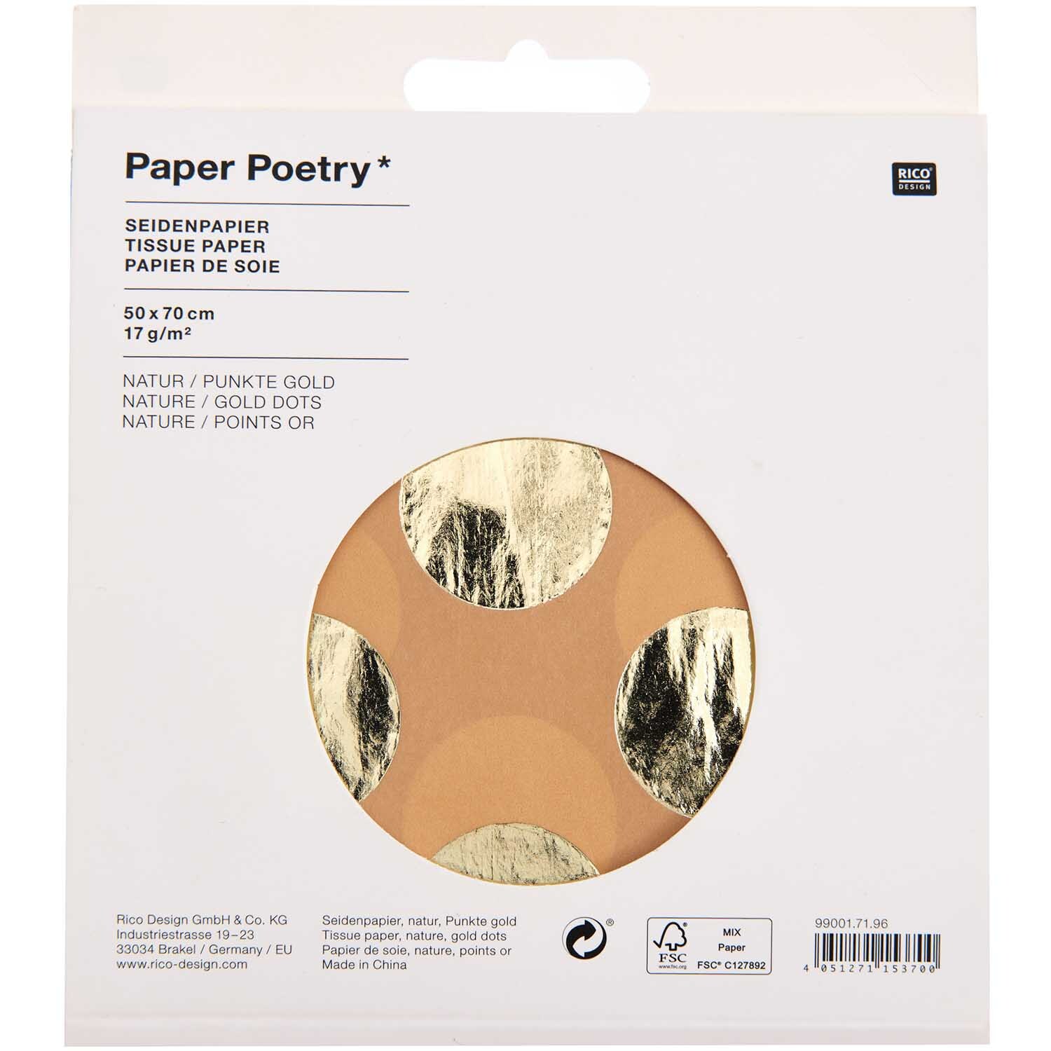 Paper Poetry Seidenpapier mit goldenen Punkten auf braunem Hintergrund, 70x50cm, 4 Bögen.