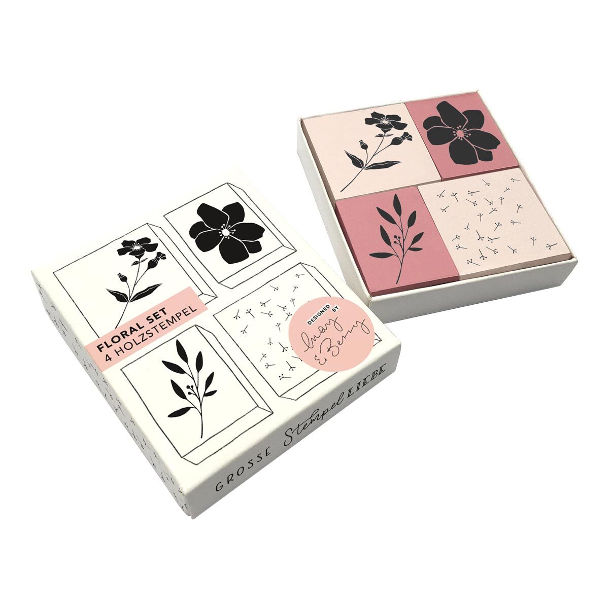 Stempelset Floral von May&Berry in Rosa, bestehend aus 4 Holzstempeln. Die Verpackung zeigt florale Designs und den Produkttitel "Floral Set 4 Holzstempel". Ideal für kreative Projekte.