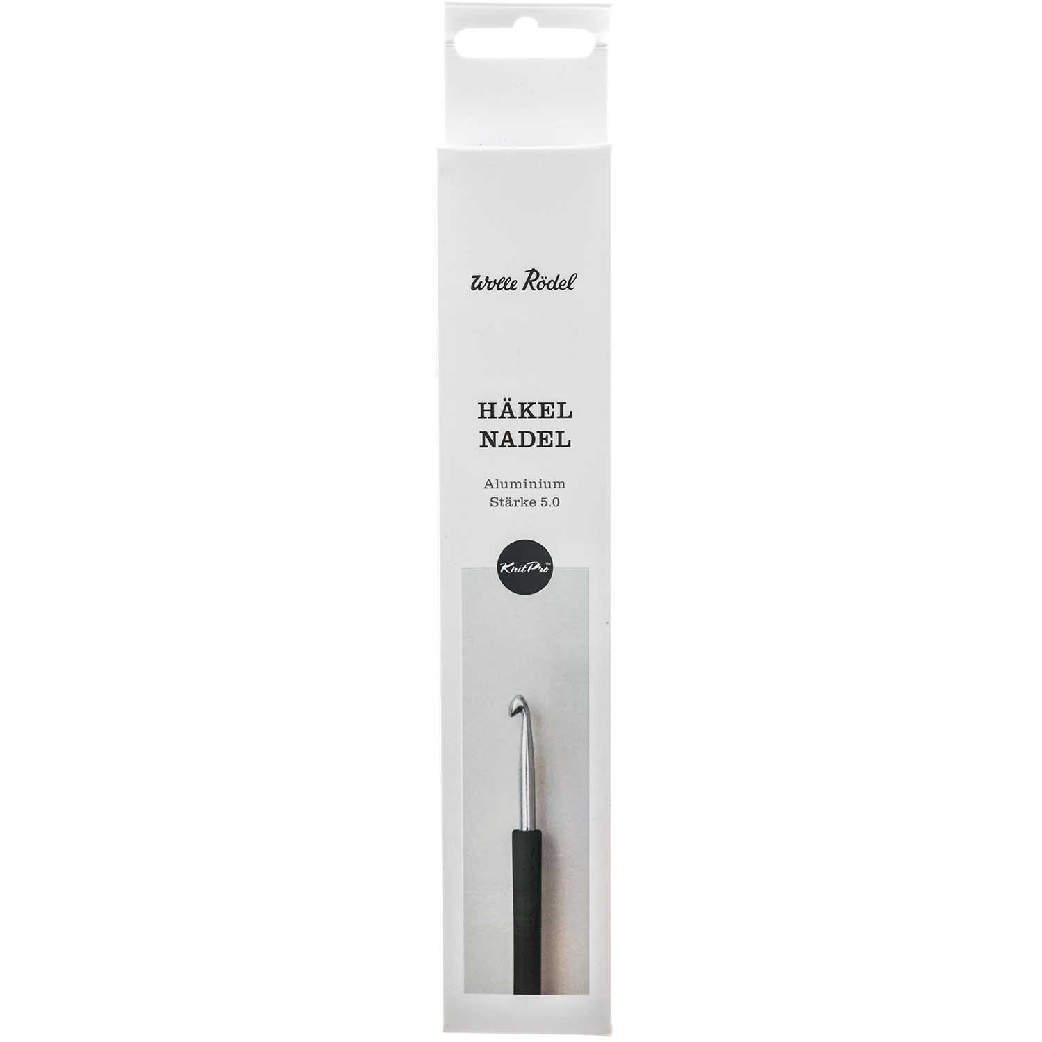 KnitPro Häkelnadel Aluminium in schwarzer Verpackung mit Hakenansicht, ideal für Handarbeiten.