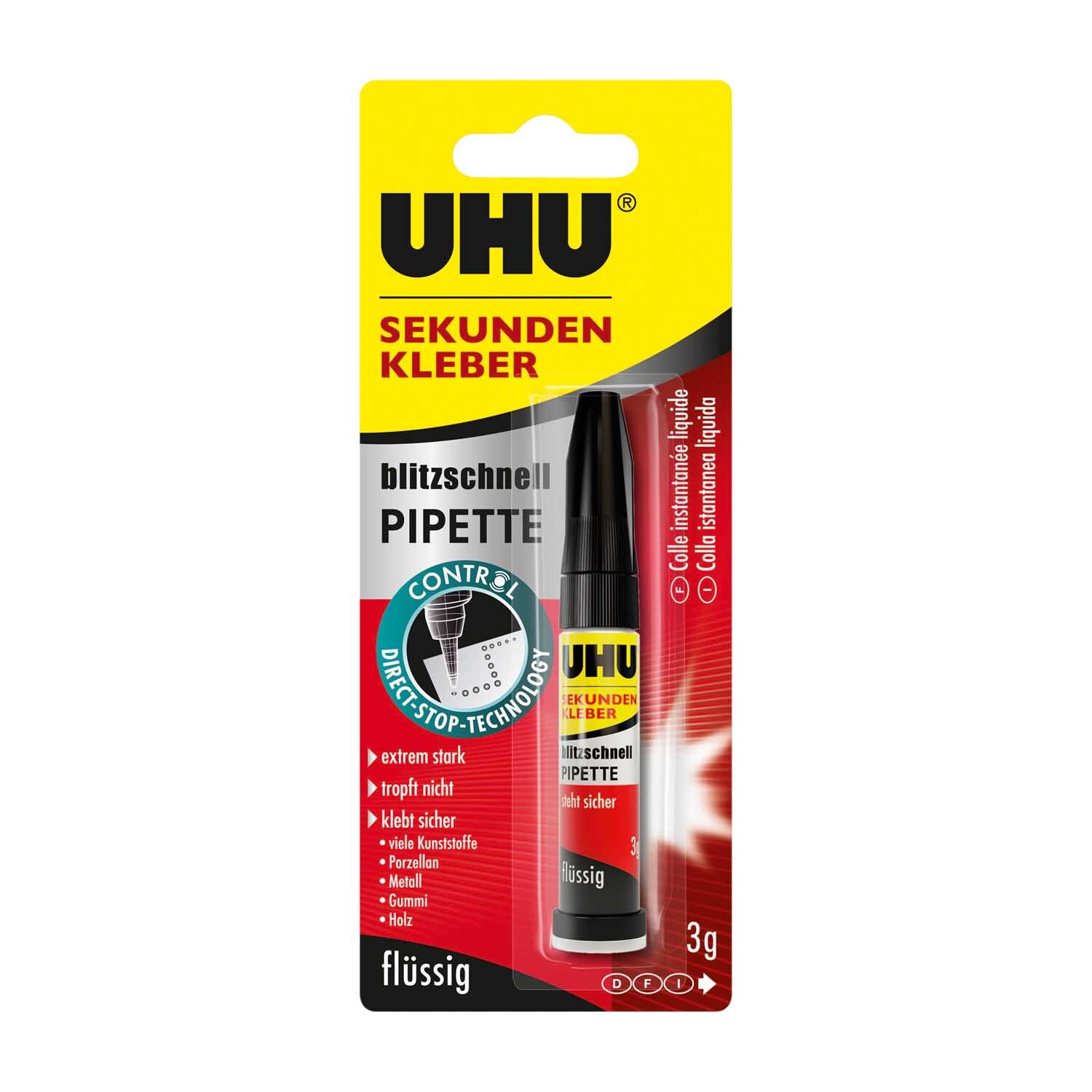 Sekundenkleber 3g von UHU in gelber Verpackung mit rotem und schwarzem Design, ideal für präzises Kleben.