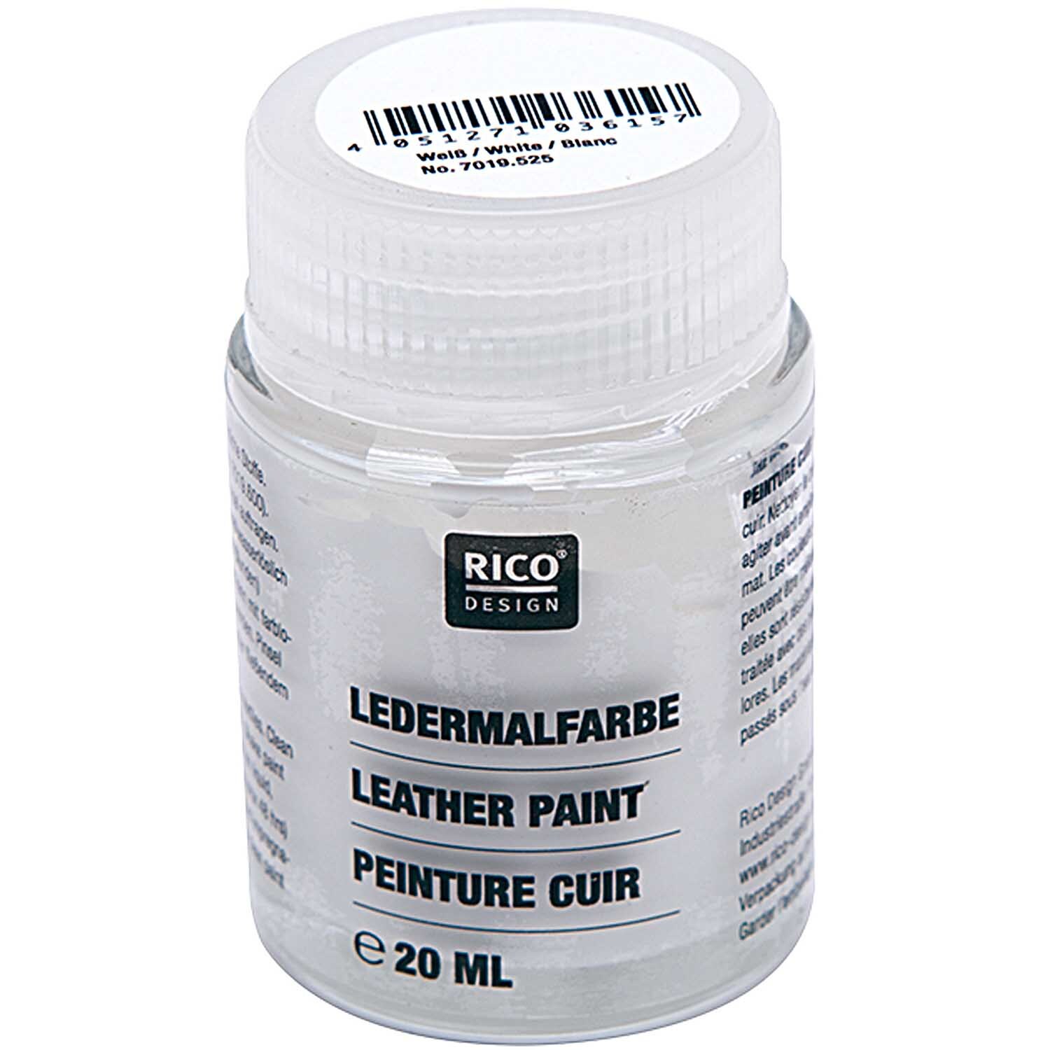 Ledermalfarbe 20ml von Rico Design in Weiß, ideal für kreative Projekte auf Lederoberflächen.