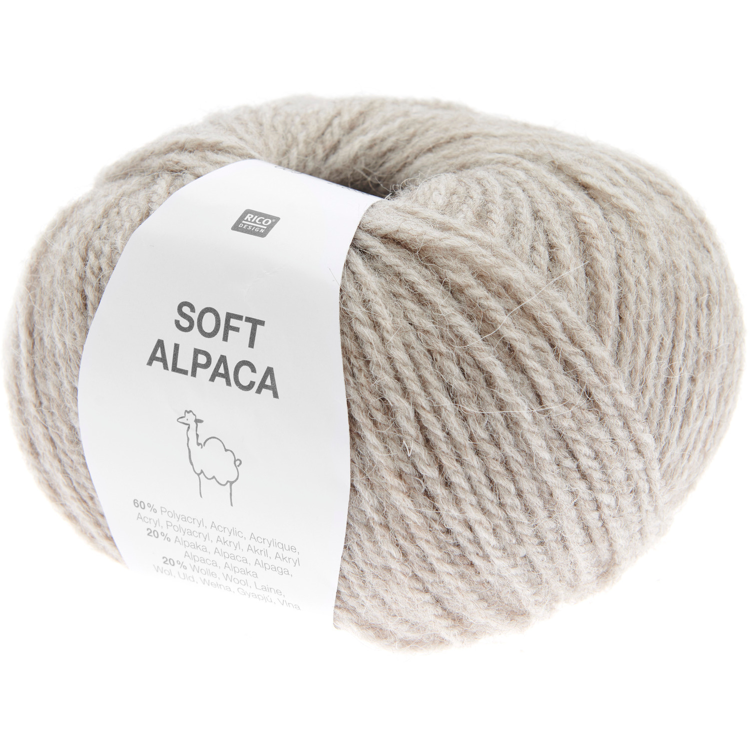 Soft Alpaca Wolle in Beige von Rico Design, ideal für Stricksets. 50g Knäuel mit 125m Länge.