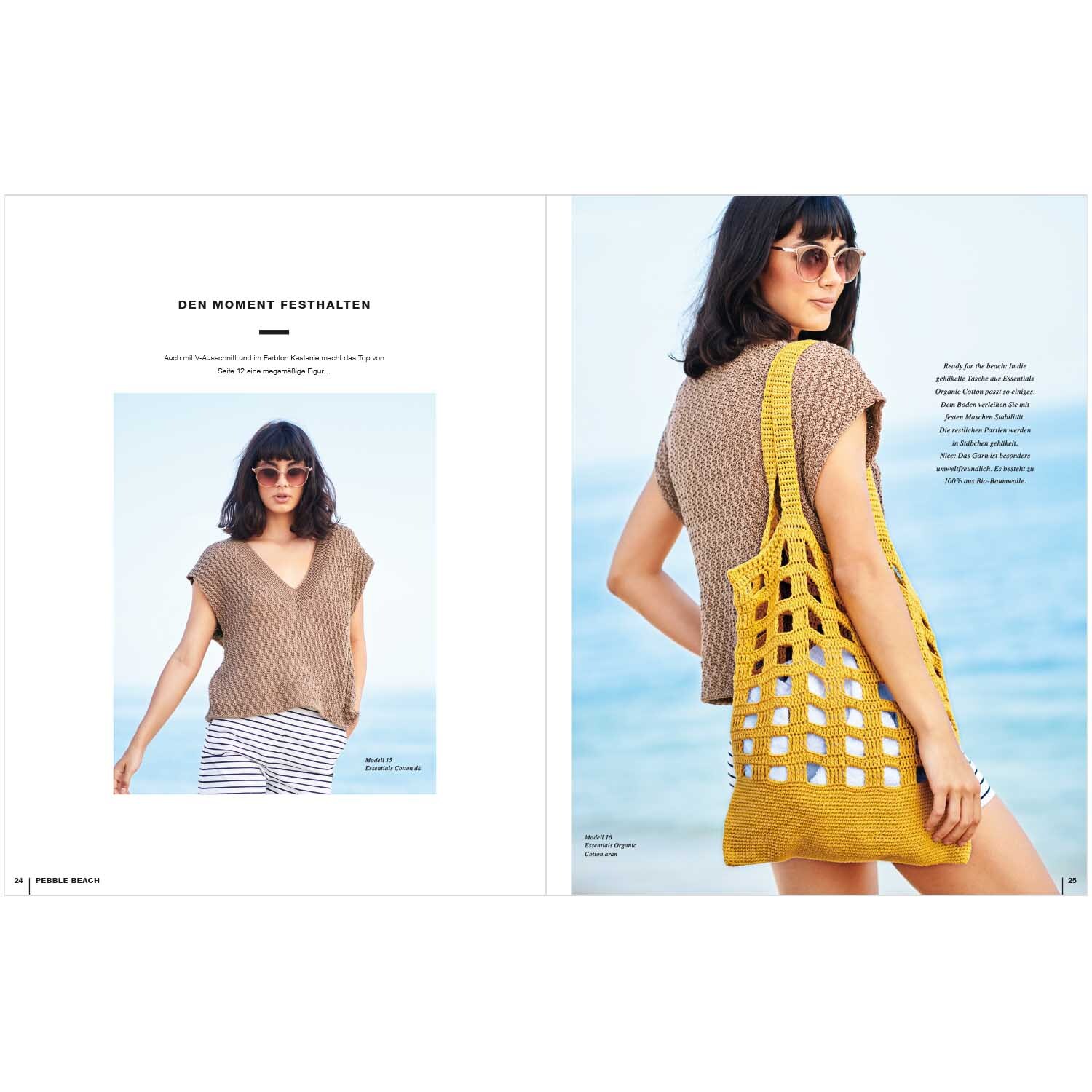 Lovewool Nr.12 Handstrickmagazin Frühjahr-Sommer zeigt Frau am Strand mit gestricktem Top und gelber Tasche. Ideal für warme Tage.