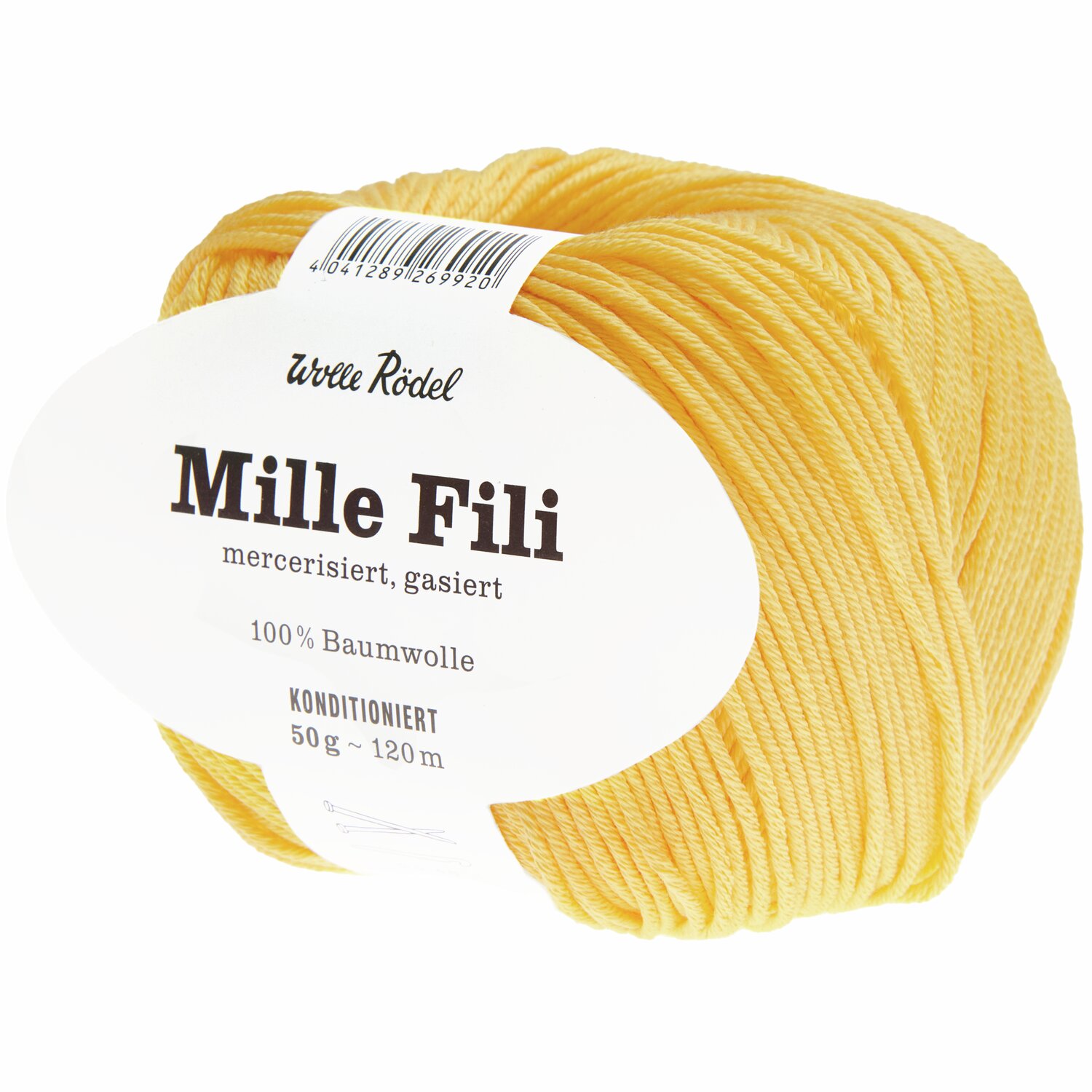Mille Fili: Gelbes Baumwollgarn von Wolle Rödel, mercerisiert, 50g Knäuel mit 120m Länge.