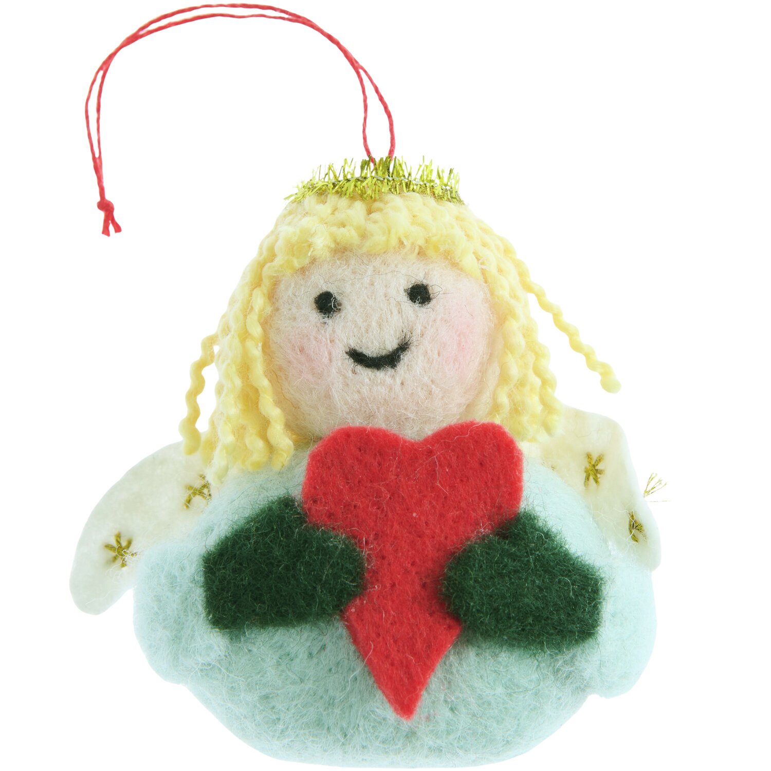 Aufhänger Filz-Engel 3D Türkis: Niedlicher Engel aus Filz mit rotem Herz, goldener Krone und gelbem Haar. Ideal als Weihnachtsdekoration.