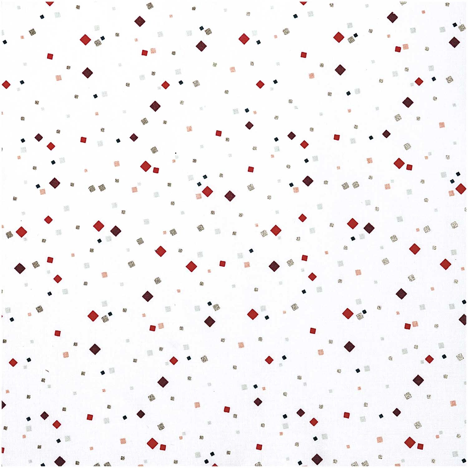 Druckstoff Konfetti weiß-gold 50x140cm von Rico Design zeigt ein Muster aus bunten Quadraten auf weißem Hintergrund. Ideal für kreative Projekte.