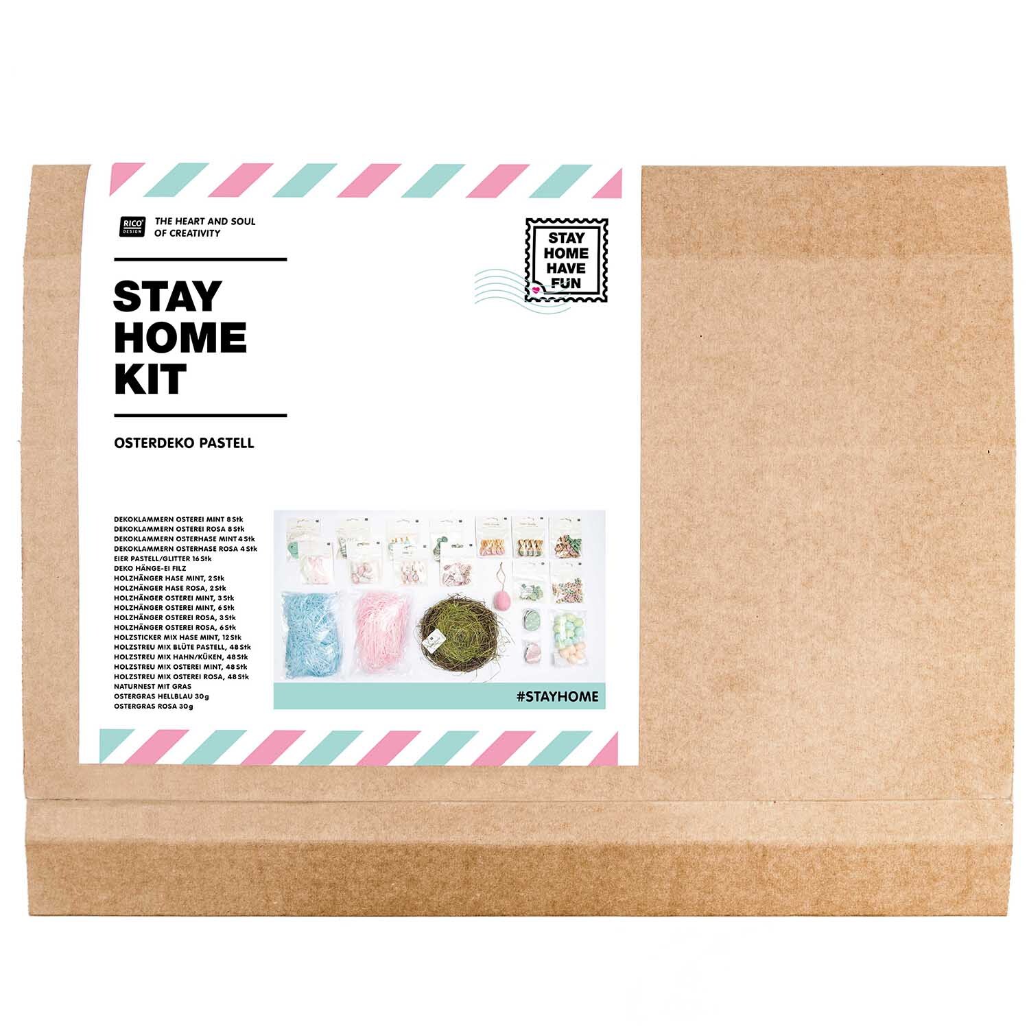 DIY Set Osterdeko pastell: Ein Bastelset von Rico Design in einer braunen Verpackung mit pastellfarbenen Elementen. Ideal für kreative Osterdekorationen.