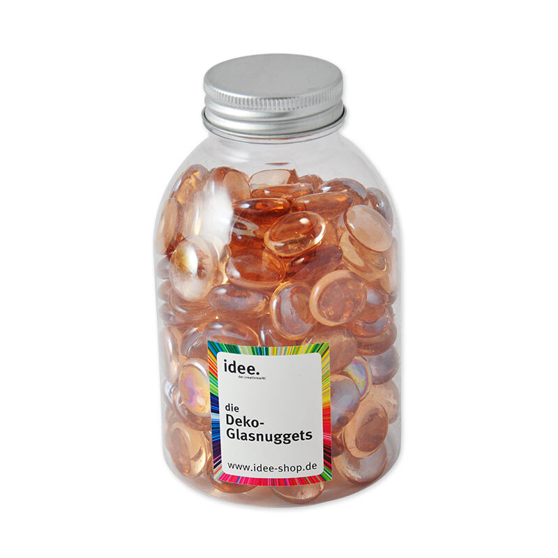 Glasnuggets 700g in einem transparenten Behälter mit silbernem Deckel von idee. Creativmarkt.