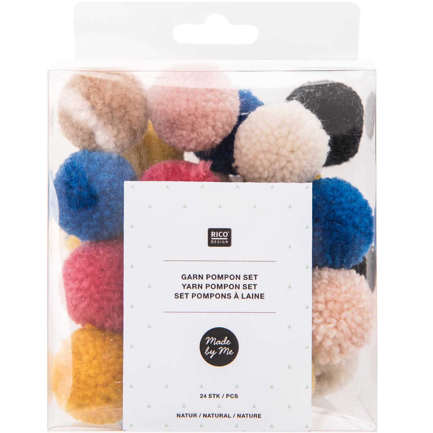 Garn Pompons 24 Stück von Rico Design in verschiedenen Farben, ideal für kreative Projekte.