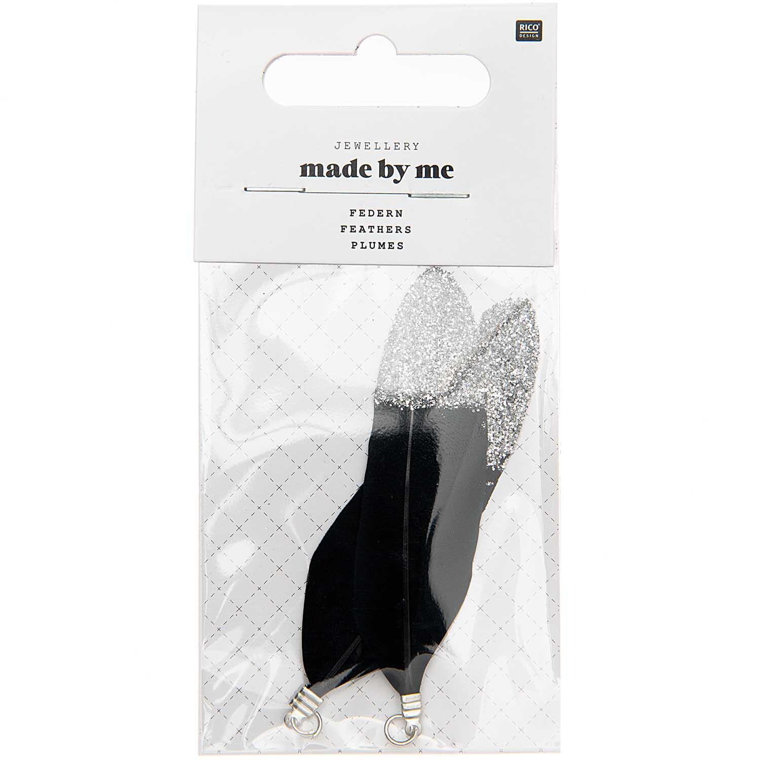 Jewellery Federn mit Öse Glitzer 2 Stück in Schwarz-Silber, ideal für DIY-Schmuckprojekte.