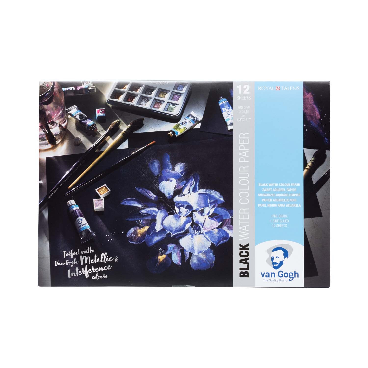 Aquarellpapierblock schwarz 360g/m² 12 Blatt von van Gogh, ideal für lebendige Aquarellkunstwerke. Enthält Pinsel und Farben auf schwarzem Papier.